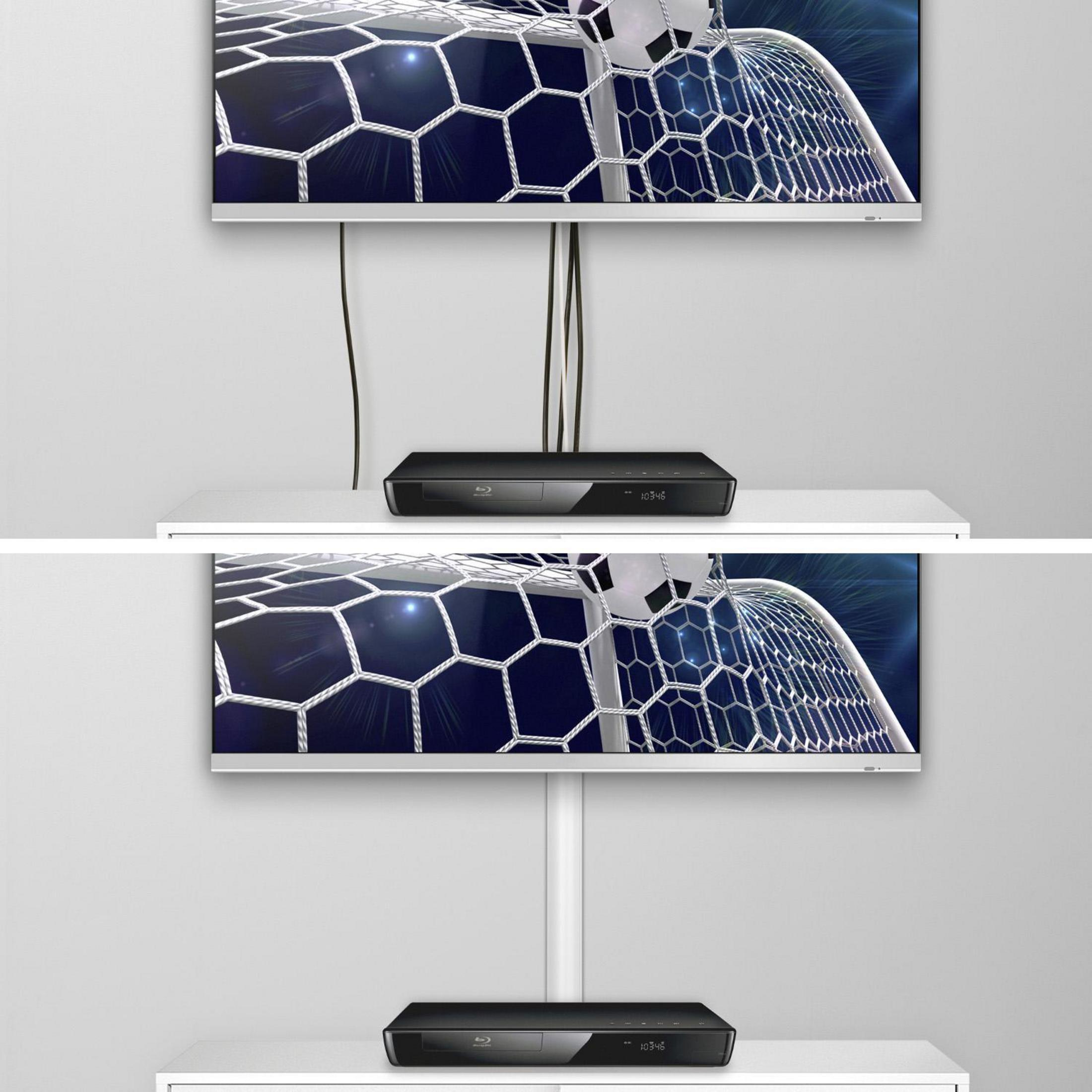 Zwei Bilder: TV mit Kabeln vs. TV mit in einem weißen Kabel versteckten Kabeln.