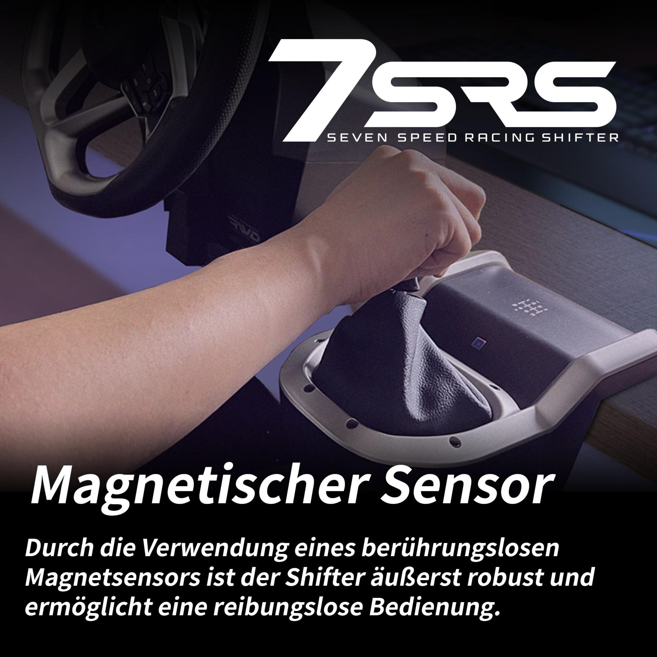 Die Hand einer Person an einem Autoschalter. Text auf Deutsch beschreibt die Funktion des Magnetsensors.