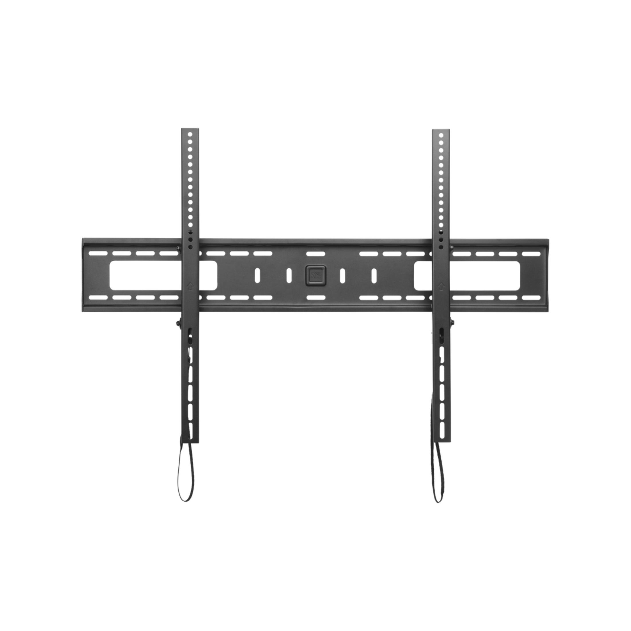 Schwarze TV-Wandhalterung, mit vertikalen Schienen und horizontaler Stütze.