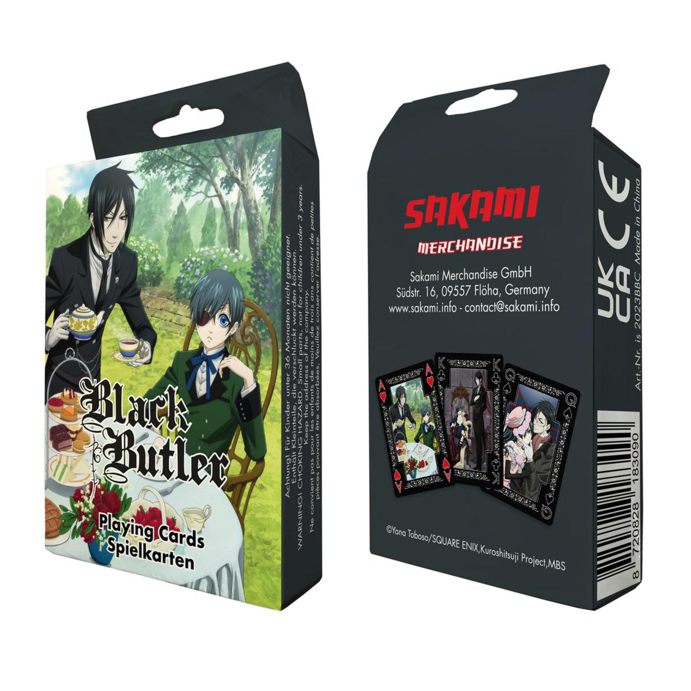Black Butler Spielkartenbox. Zwei Charaktere sind auf der Vorderseite. Auf der Rückseite befinden sich das Sakami-Logo und Kartenbilder.