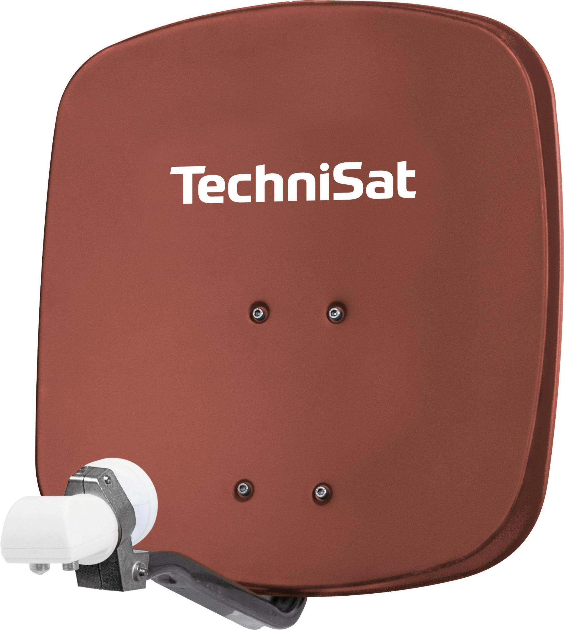 Eine rotbraune Satellitenschüssel mit dem weißen TechniSat-Logo.