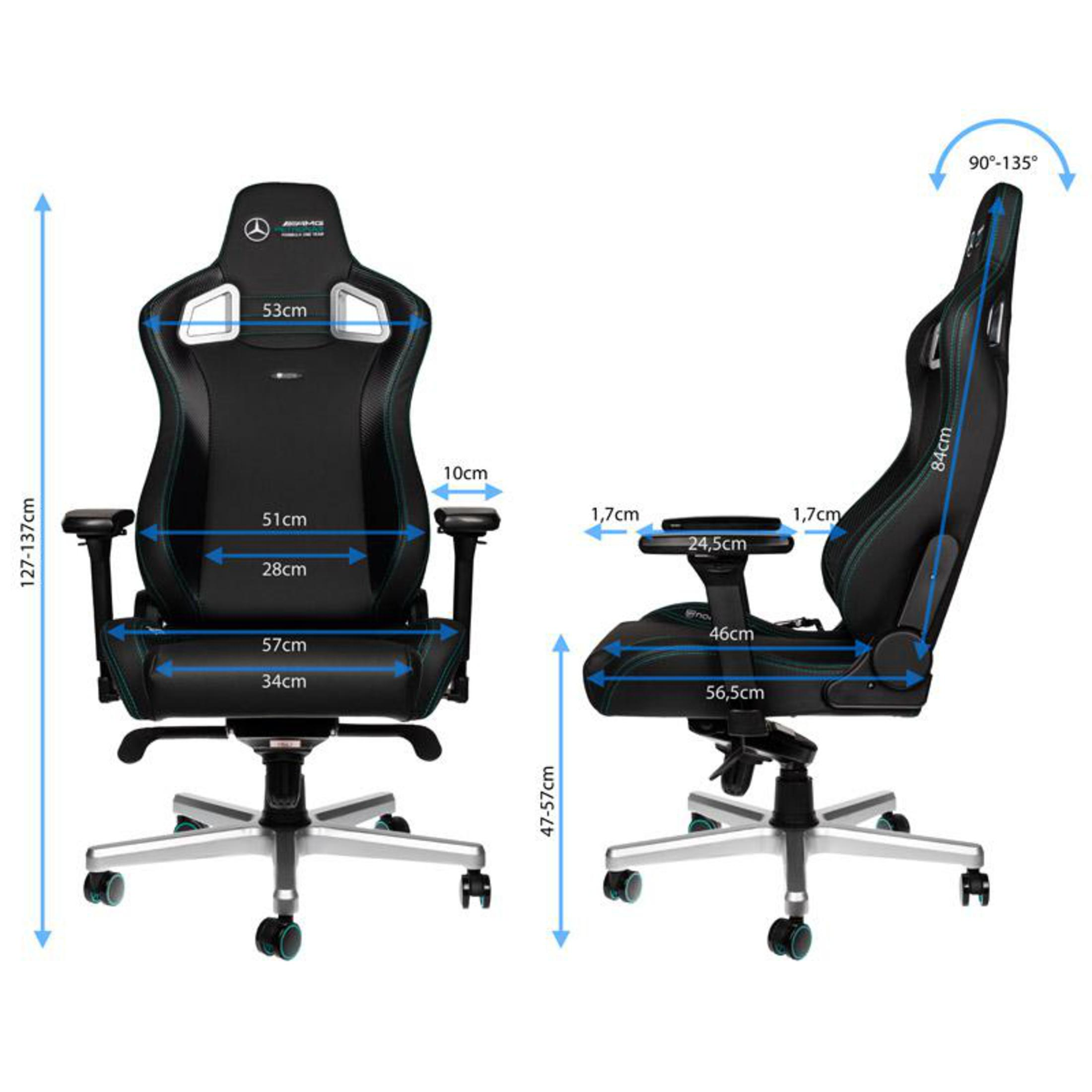 Gaming-Stuhl mit Maßangaben. Schwarz und grün. Weißer Hintergrund.