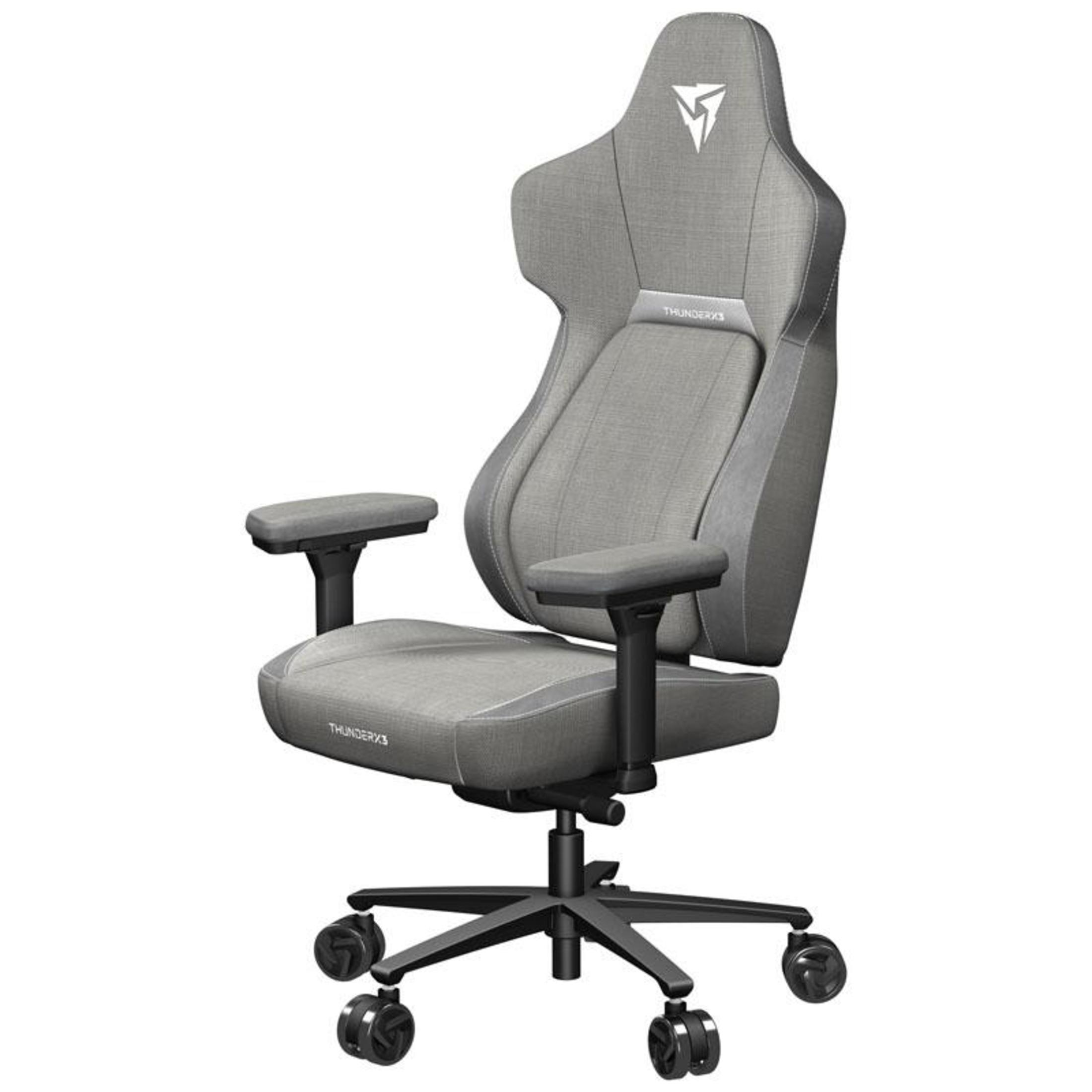 Grauer Gaming-Stuhl mit Kopfstütze, Armlehnen und schwarzem Fünf-Sterne-Fuß.