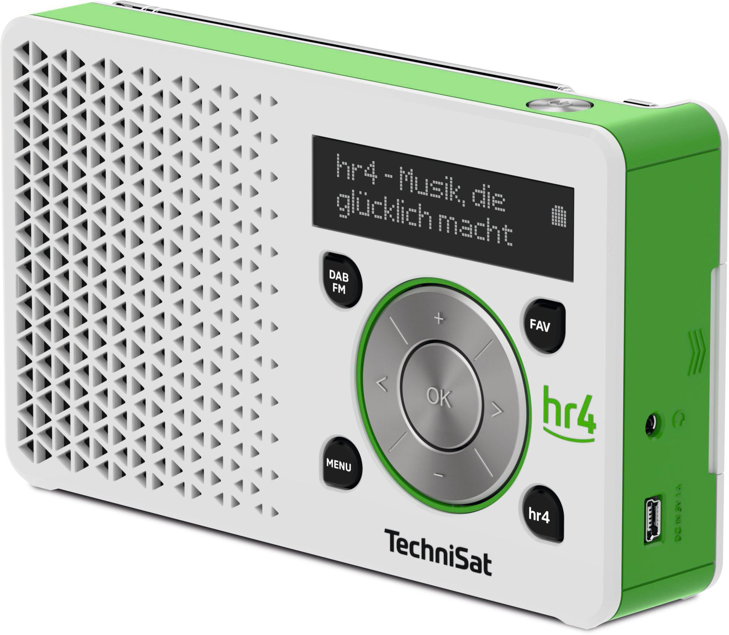 Radio bianca e verde con display digitale e pulsanti. Il testo 'hr4' è visibile.