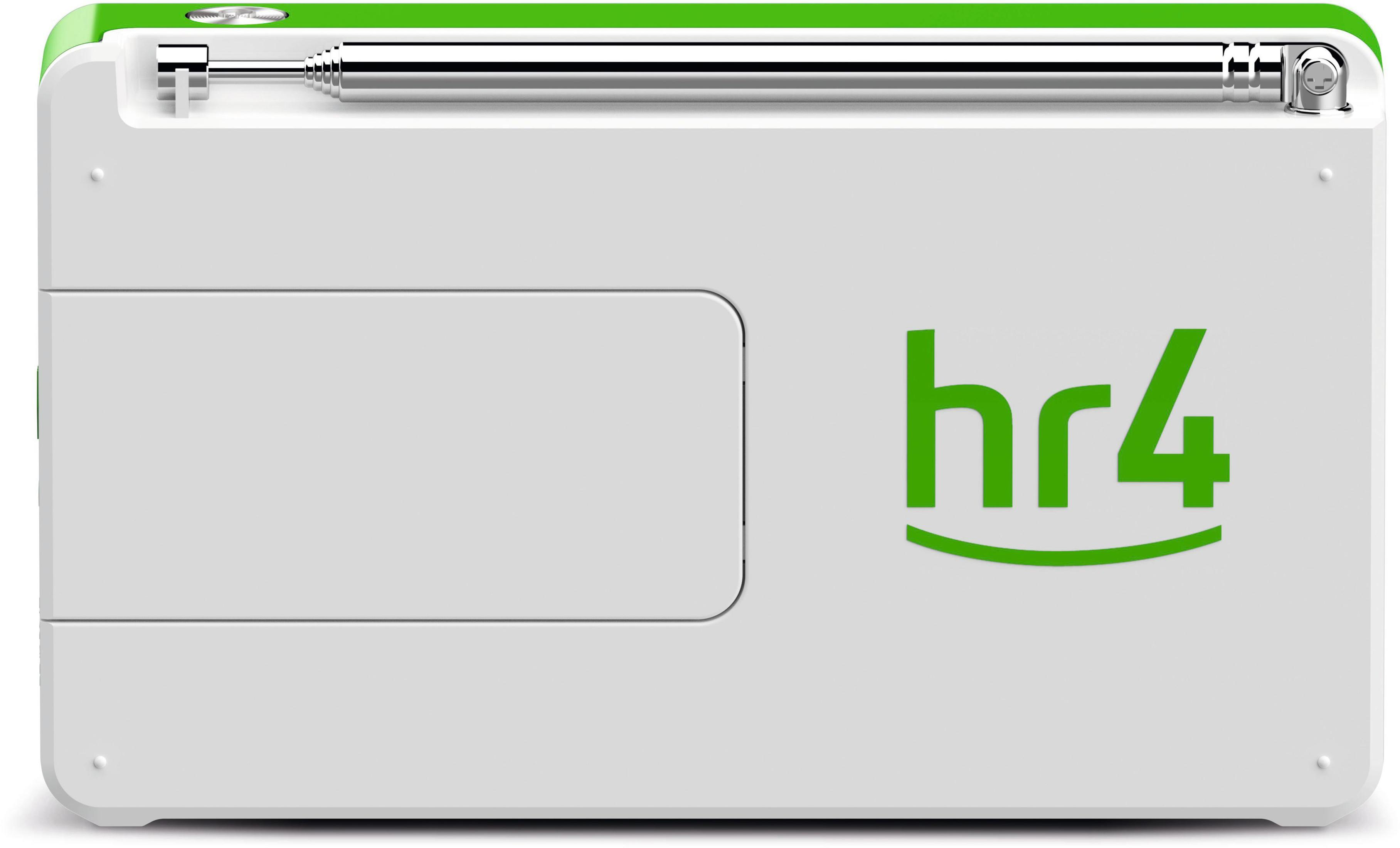 Radio bianca e verde con antenna e logo 'hr4'.