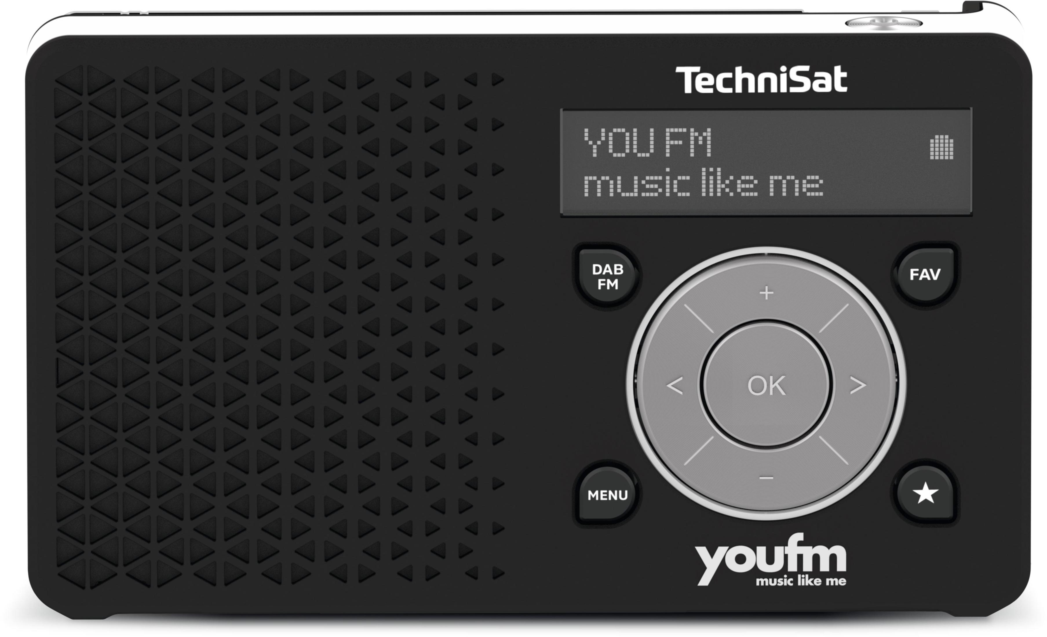 Radio TechniSat nera con schermo che mostra 'YOU FM'. Sono visibili vari pulsanti.