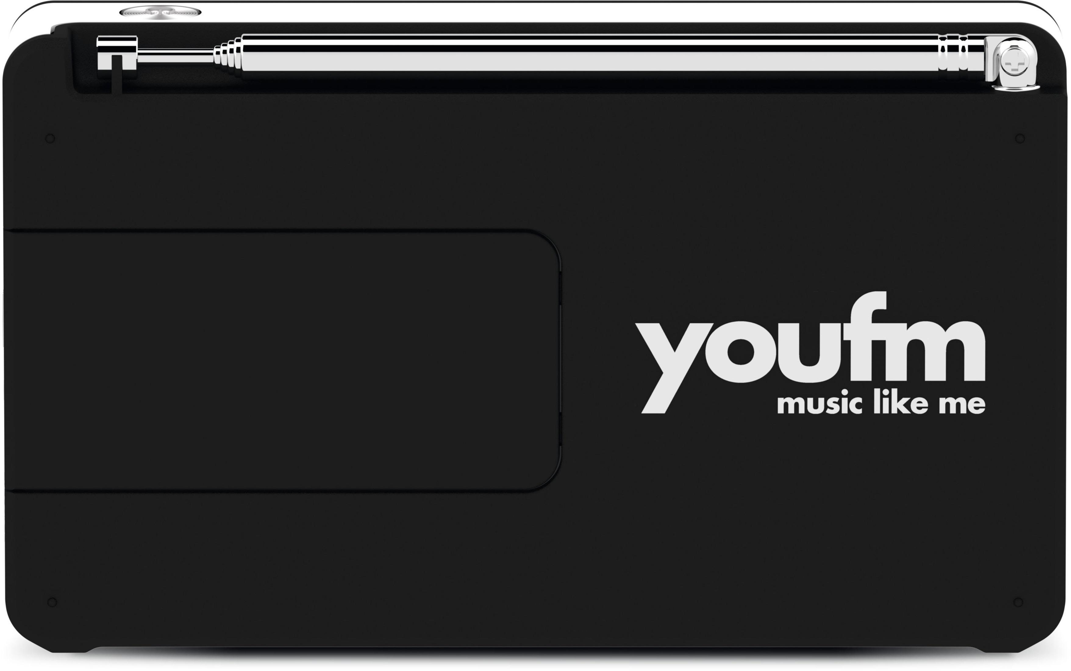 Radio bianco e nero con il testo youfm, music like me.