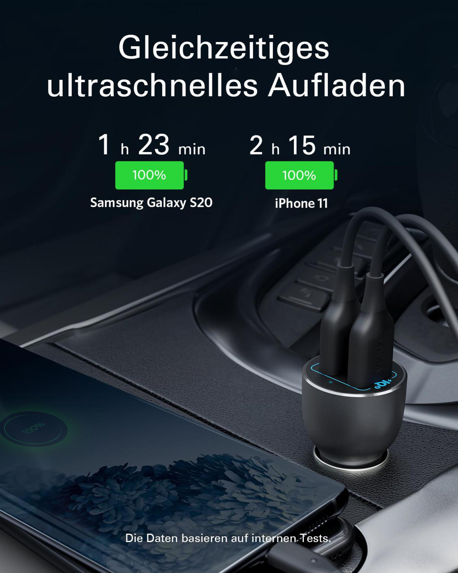 Telefono in carica con caricatore USB-C, che mostra i tempi di ricarica.