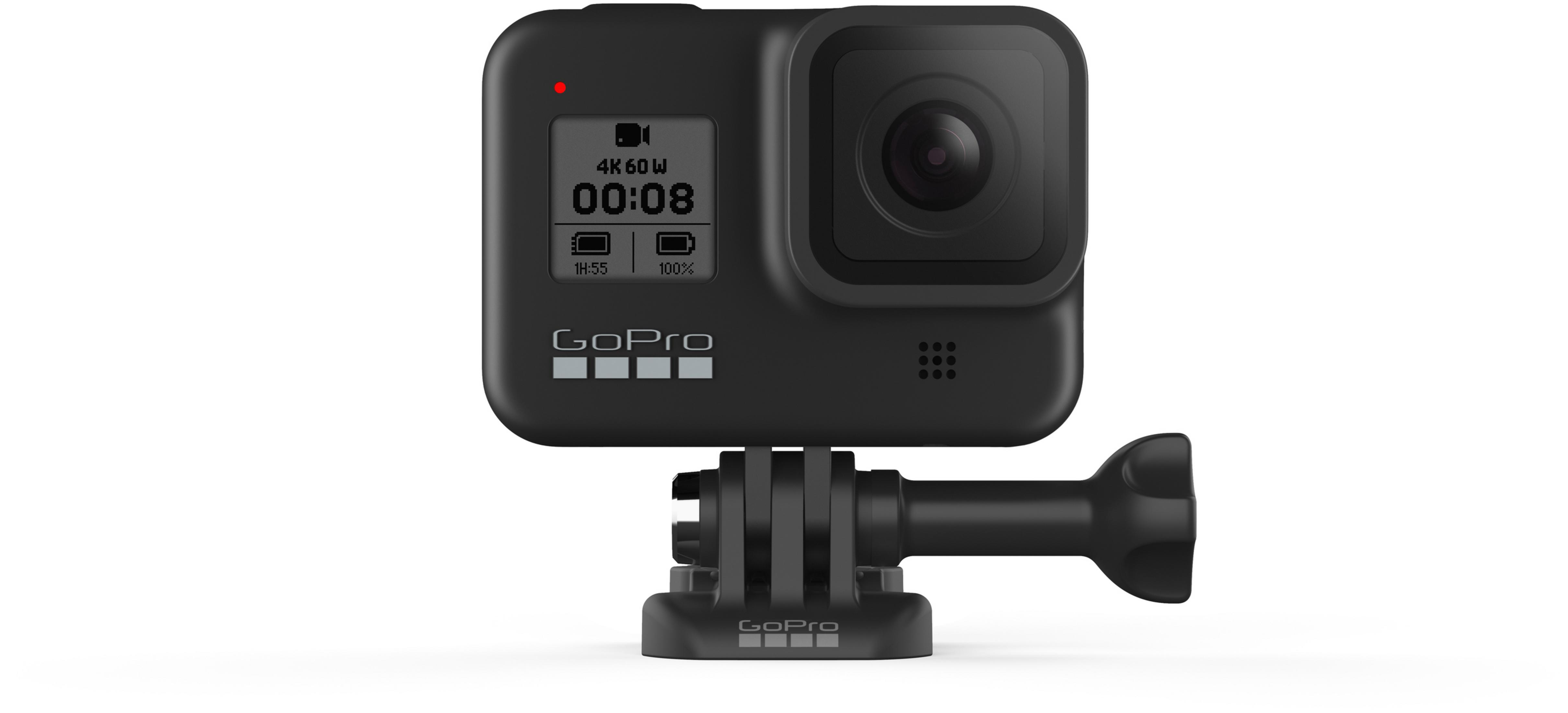 Schwarze GoPro-Kamera mit Einstellungen, auf Ständer, weißer Hintergrund.