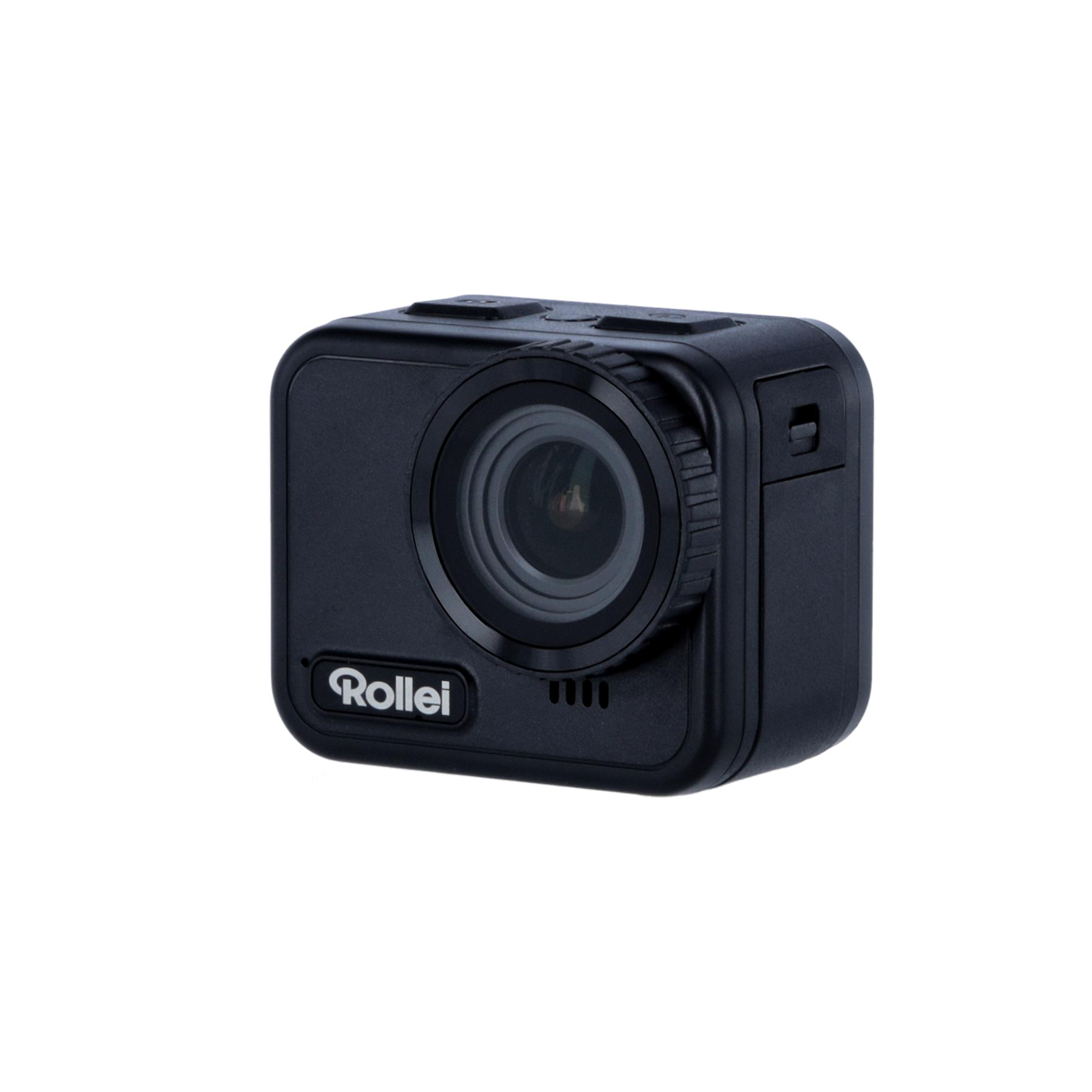 Eine schwarze Rollei Action-Kamera mit Objektiv und Knöpfen, isoliert auf Weiß.