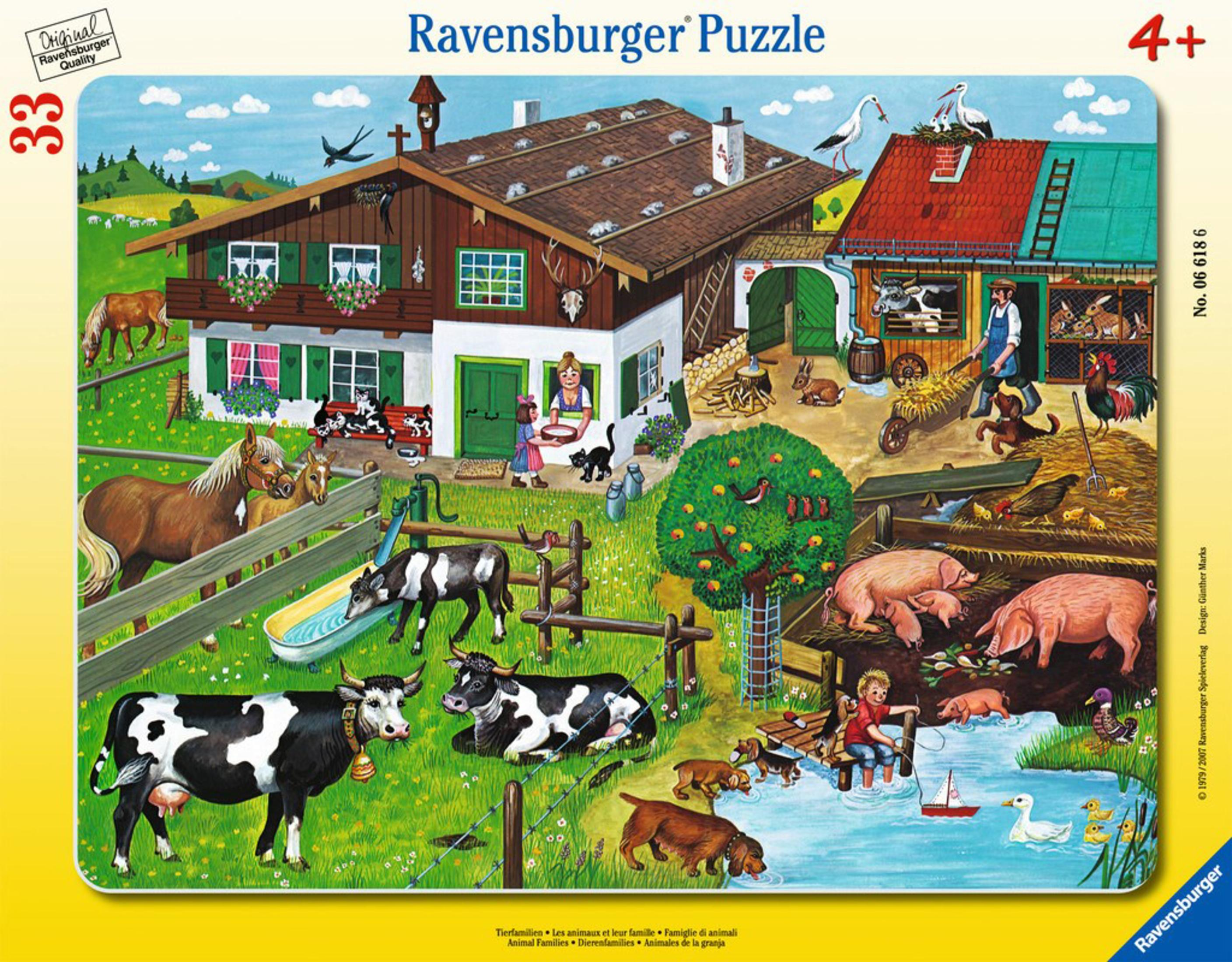 Un puzzle Ravensburger mostra una scena di fattoria con animali, case e persone.