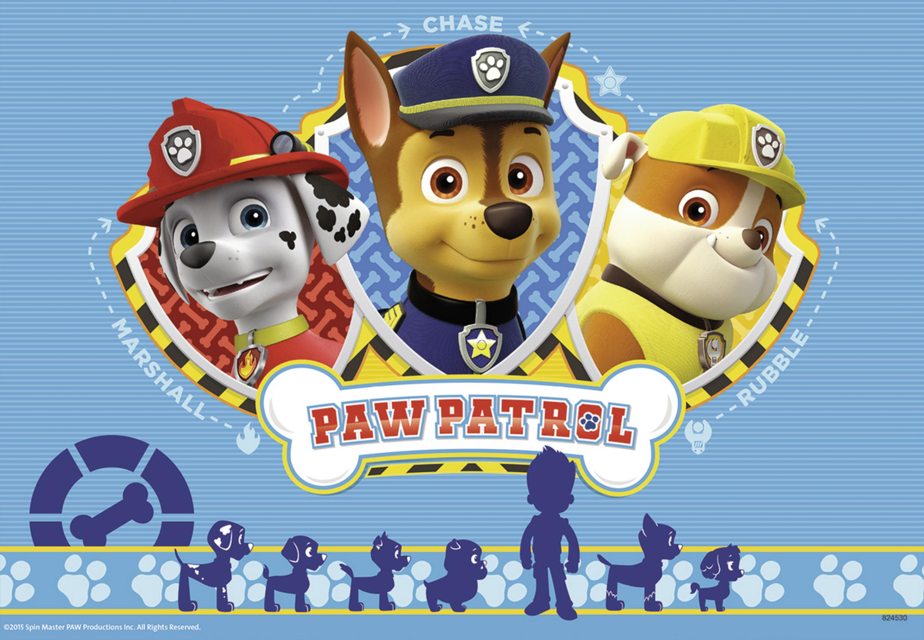 Grafika Paw Patrol z szczeniakami Marshall, Chase i Rubble. Tło przedstawia odciski łap i kształty kości.