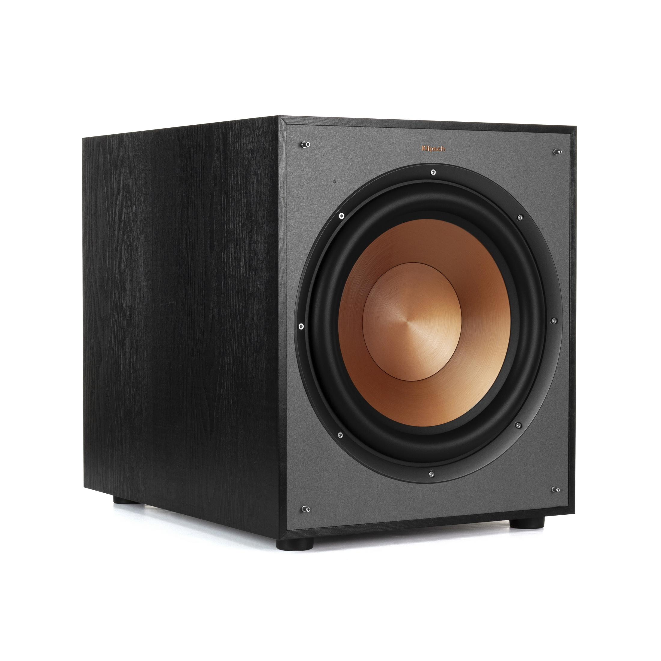 Schwarzer Subwoofer-Lautsprecher mit grauer Front. Ein kupferfarbener Lautsprechertrichter ist sichtbar. Weißer Hintergrund.