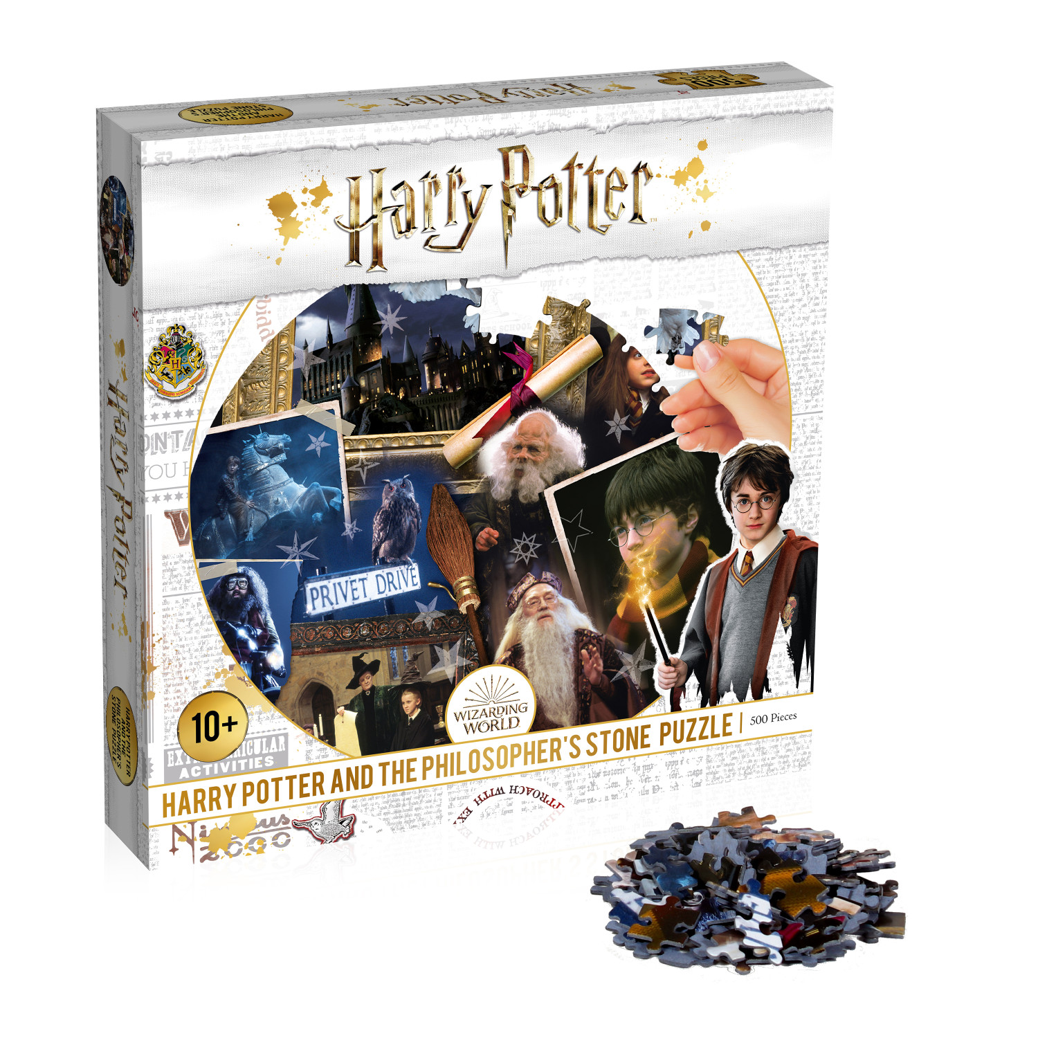 Harry Potter Puzzlebox mit Bildcollage: Hogwarts, Charaktere und ein Haufen Puzzleteile.