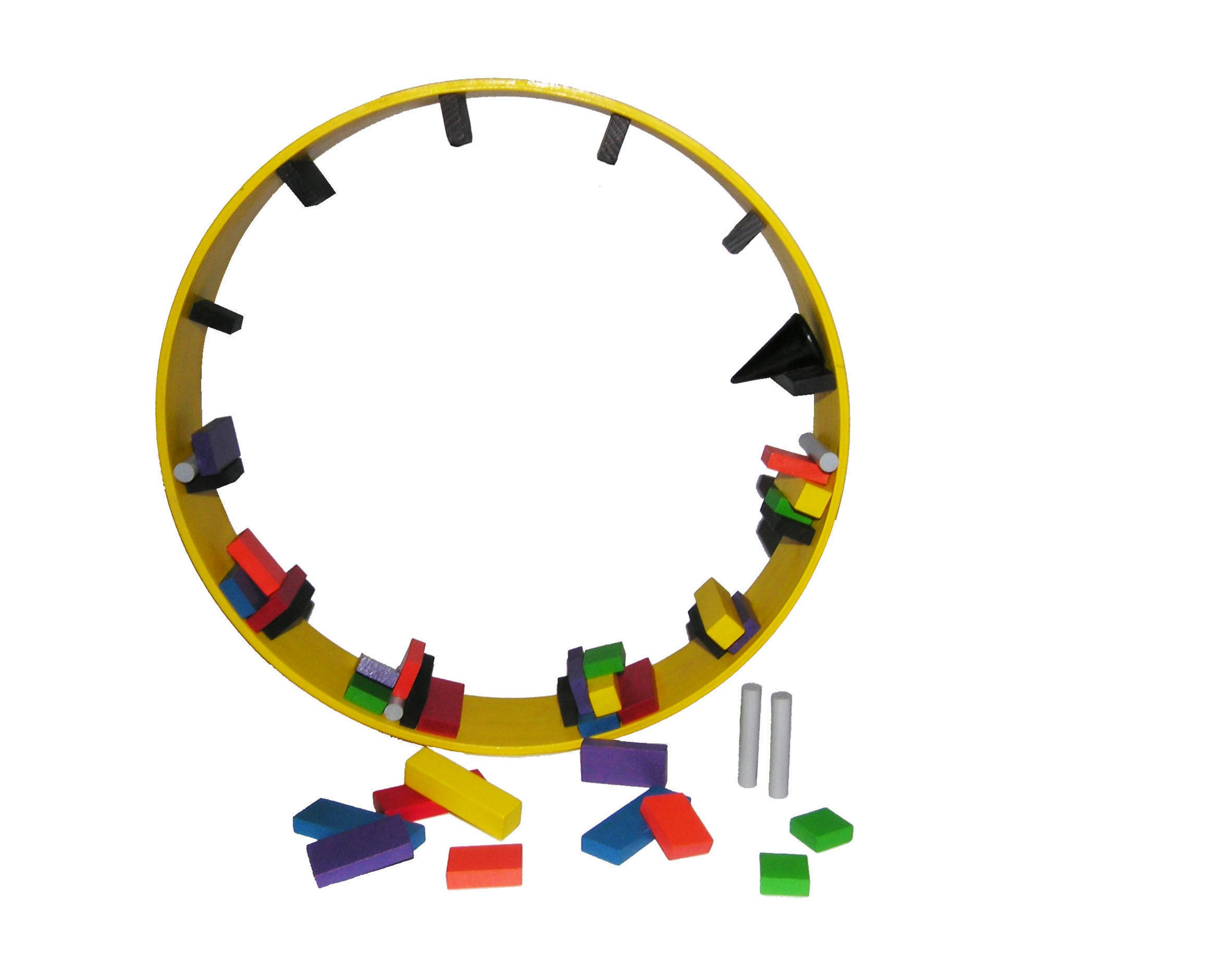 Ein gelber Ring mit Blöcken in verschiedenen Farben, verstreute Blöcke darunter, auf Weiß.