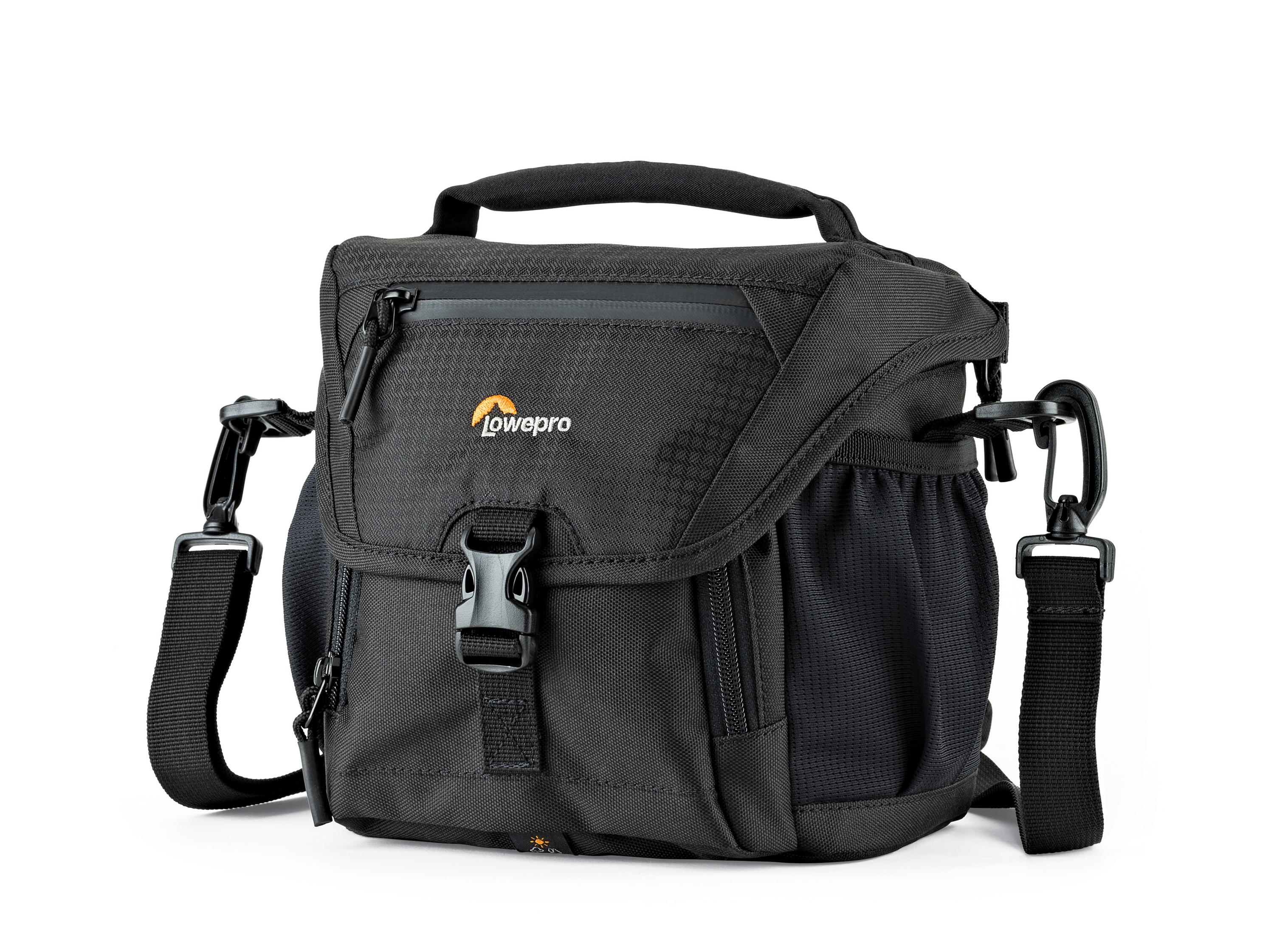Schwarze Lowepro Kameratasche. Mit Tragegriff, Schultergurt, Seitentasche und Schnallenverschluss.