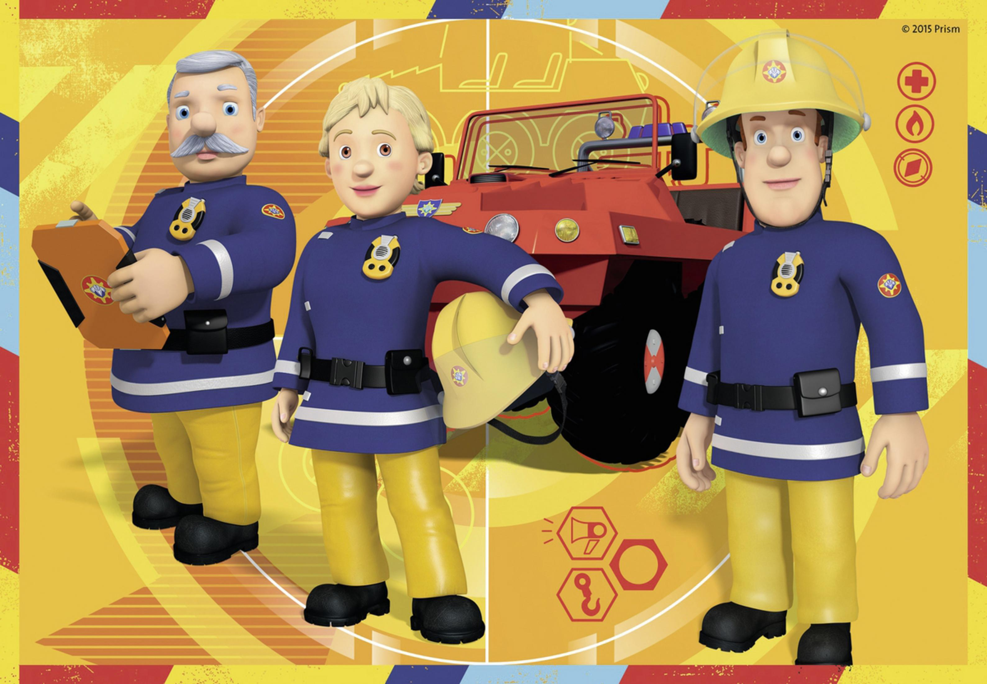 Vigili del fuoco dei cartoni animati in uniforme con un camion dei pompieri rosso, sfondo grafico.