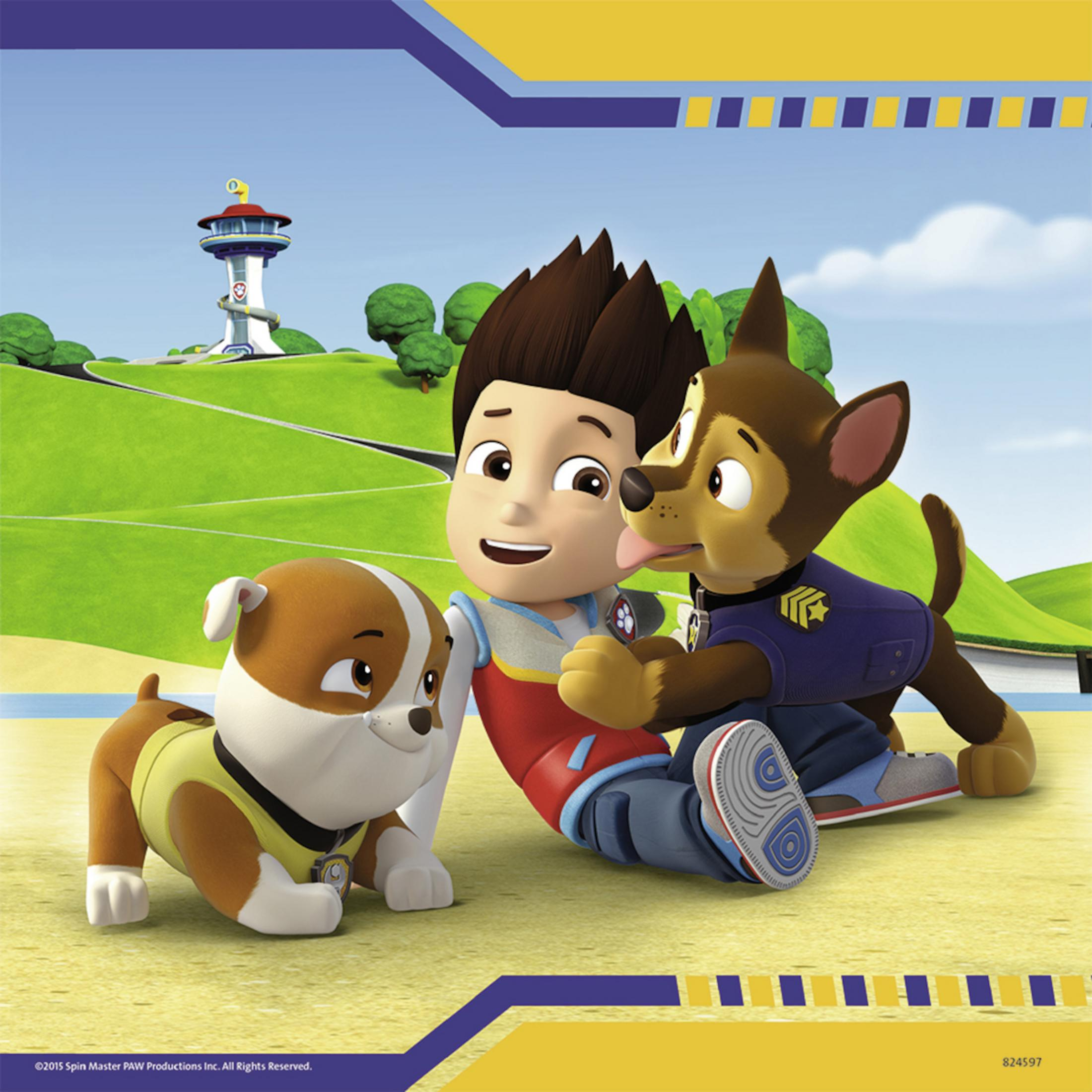 Cartoon van Ryder met twee pups, Chase en een andere bruine pup. Groene en blauwe cartoon achtergrond.