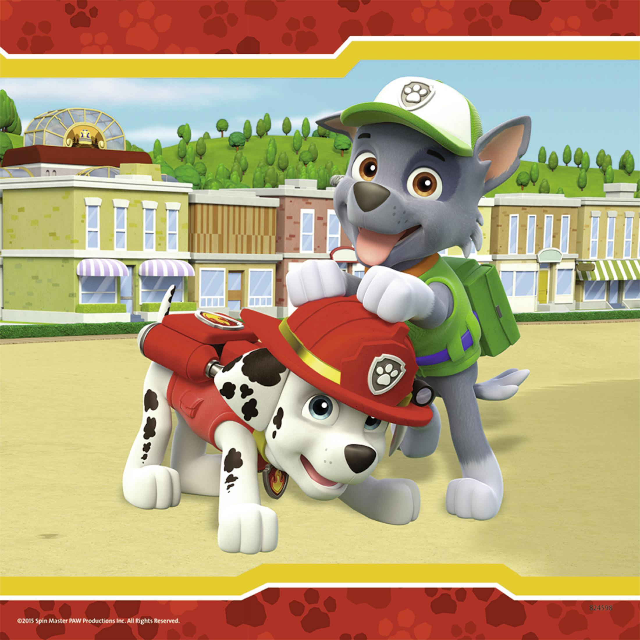 Paw Patrol-personages Marshall en Rocky. Marshall draagt een rode brandweerhoed.