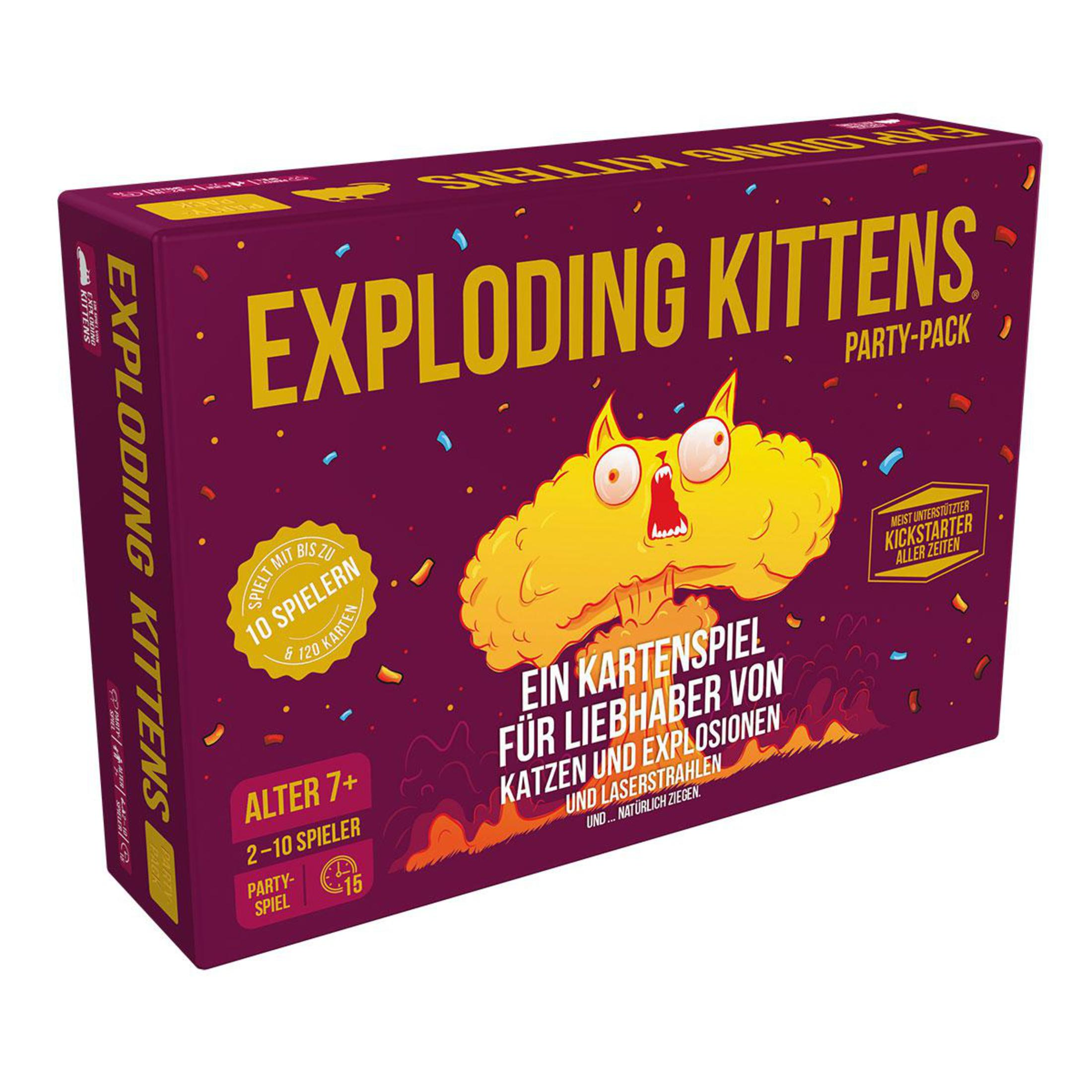 Exploding Kittens Party-Spielbox mit Cartoon-Katze auf gelber Wolke.
