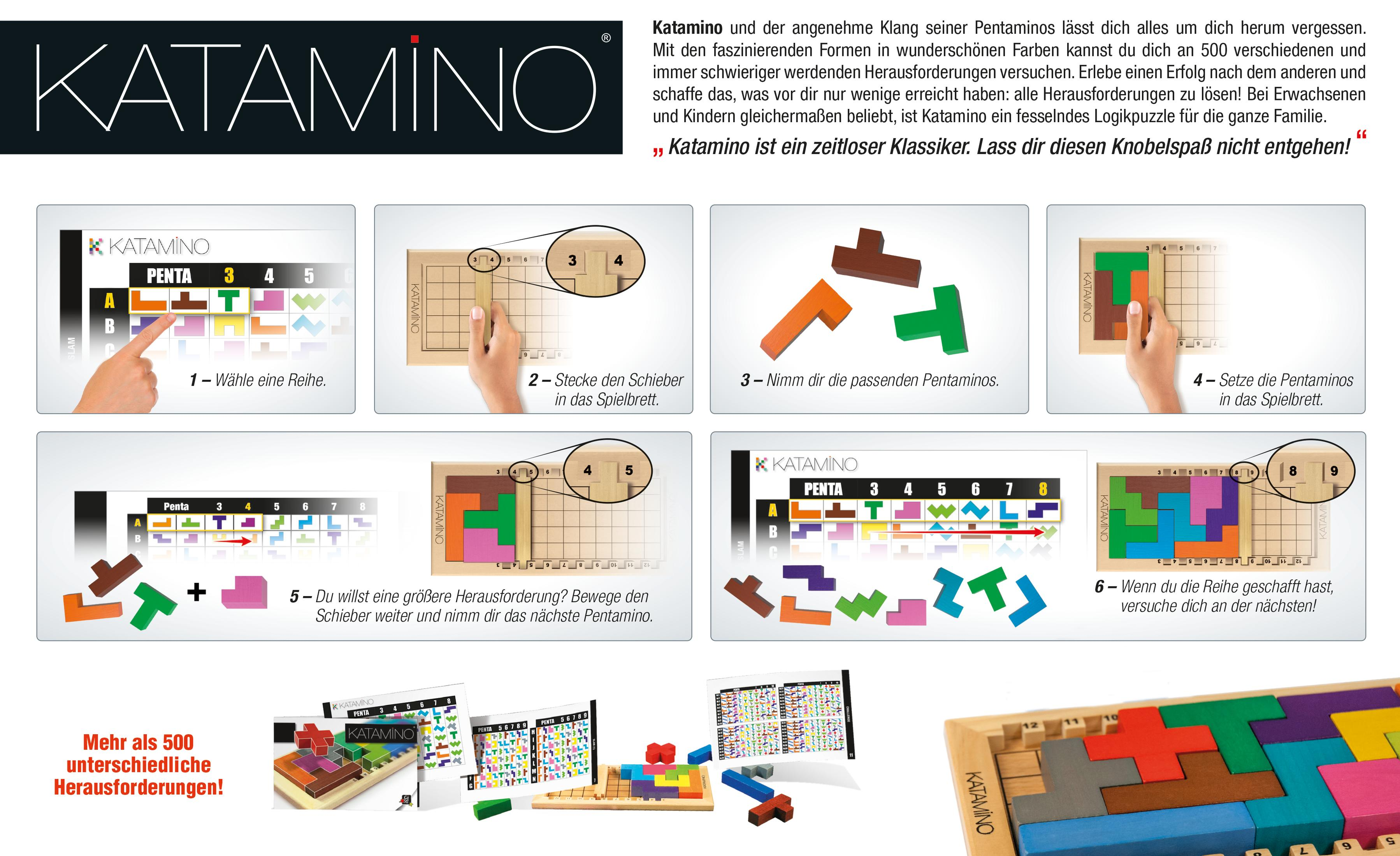 Katamino-Spielsteine und Anweisungen auf weißem Hintergrund.