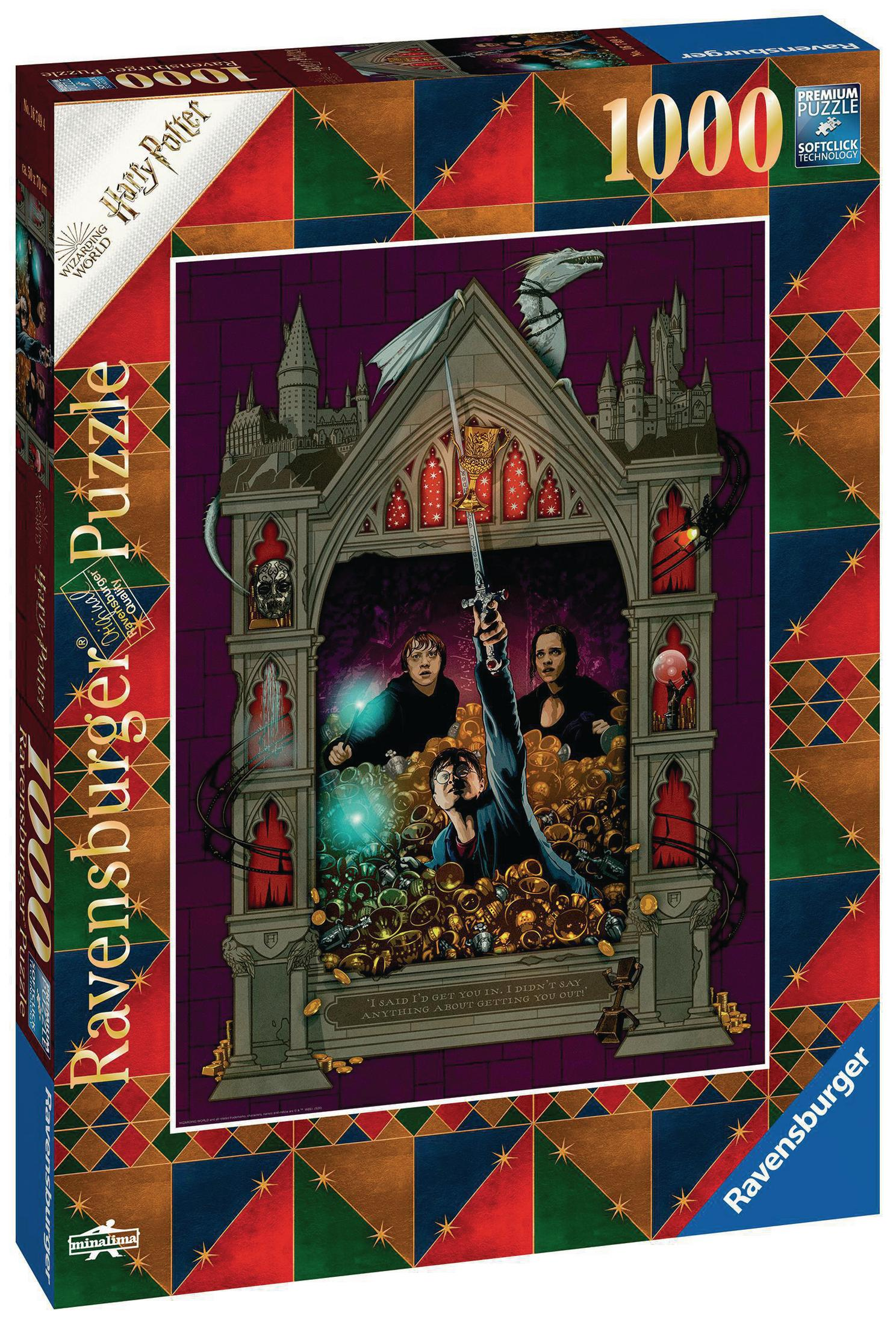 Una scatola di puzzle di Harry Potter con un'immagine di una scena con personaggi e monete d'oro.
