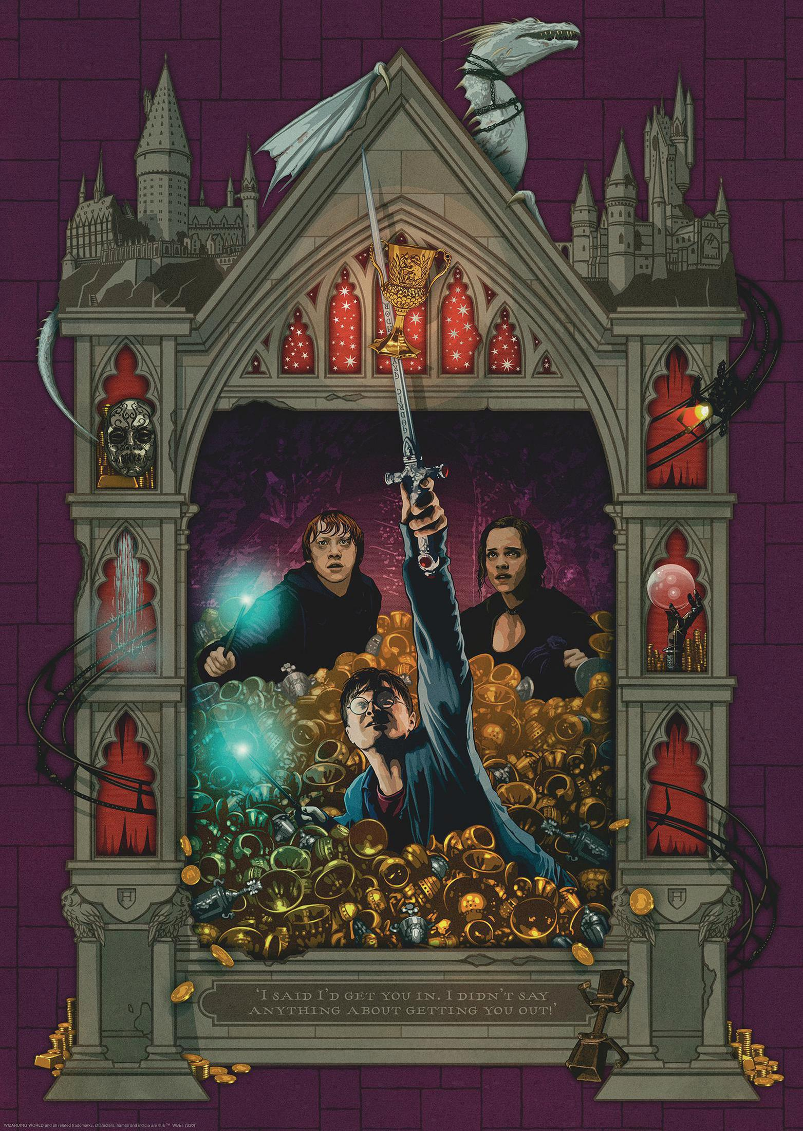 Un poster di Harry Potter con una spada e personaggi in una camera d'oro.