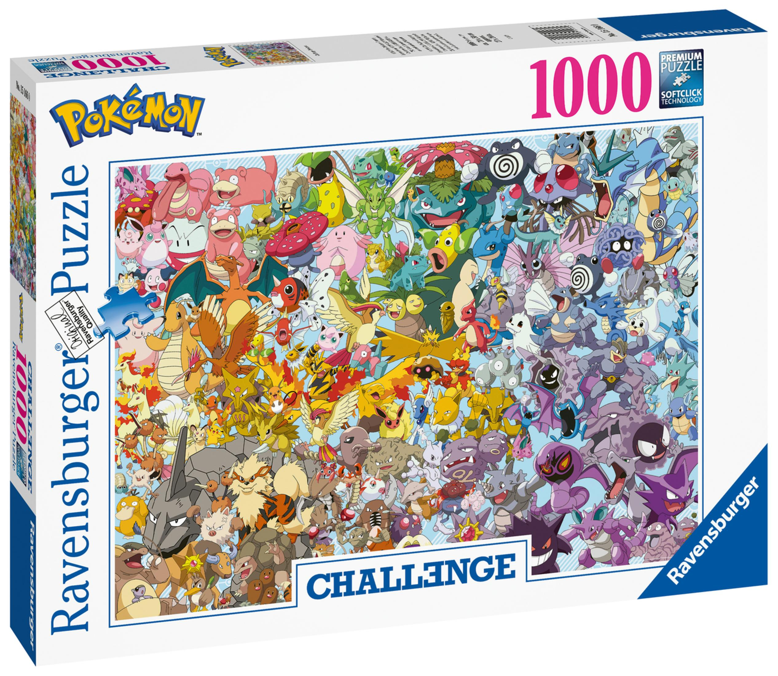 Pudełko z puzzlami Pokemon 1000 elementów z różnymi postaciami Pokemon. Białe tło.