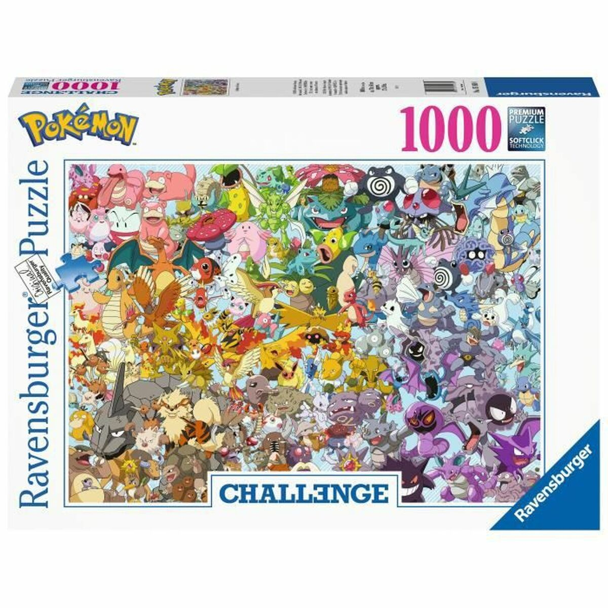 Pudełko z puzzlami Pokémon z różnymi postaciami Pokémon. Puzzle są w tęczowym wzorze.