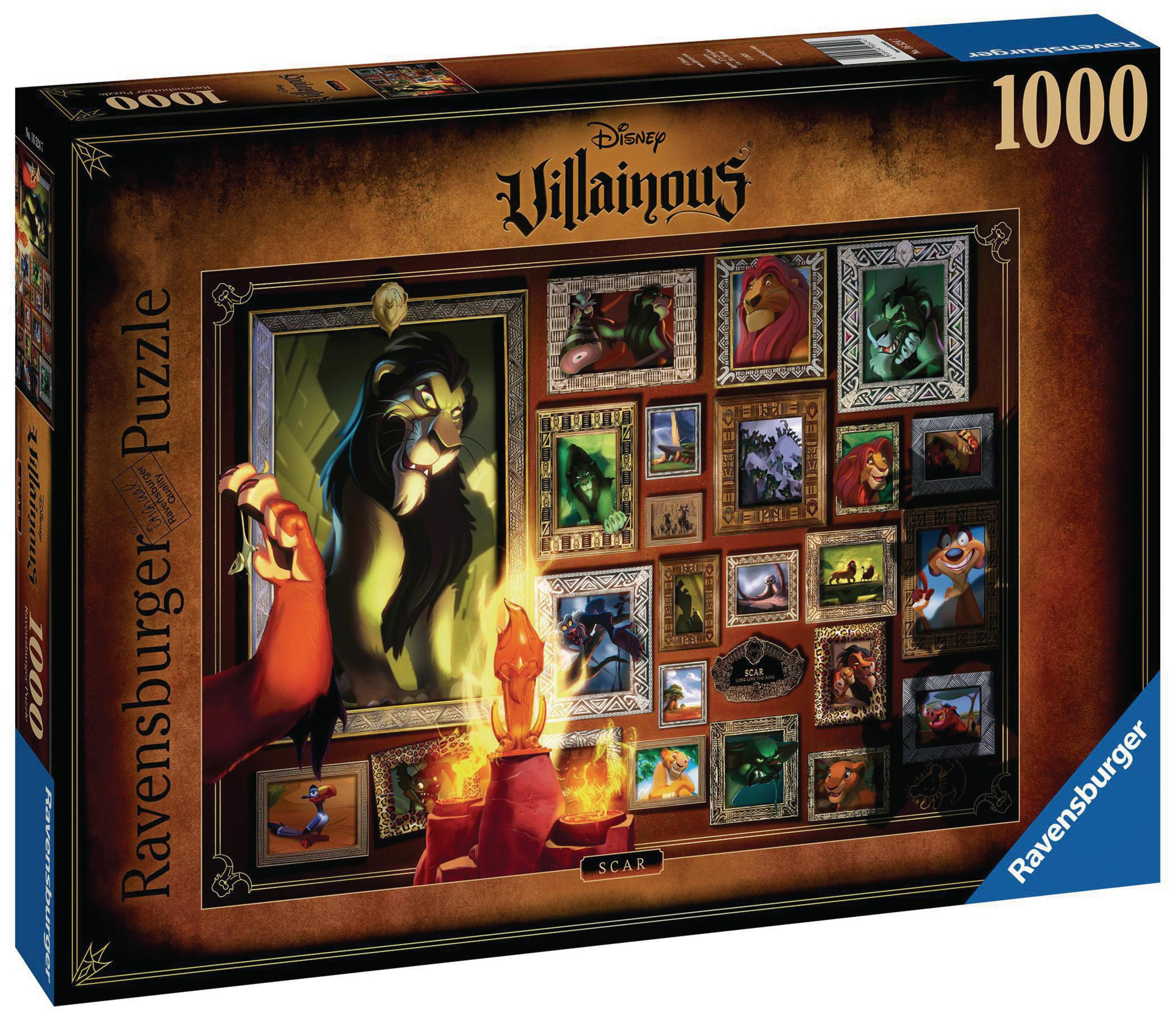 La scatola del puzzle Disney Villainous mostra cattivi, Scar incorniciato e 1000 pezzi.