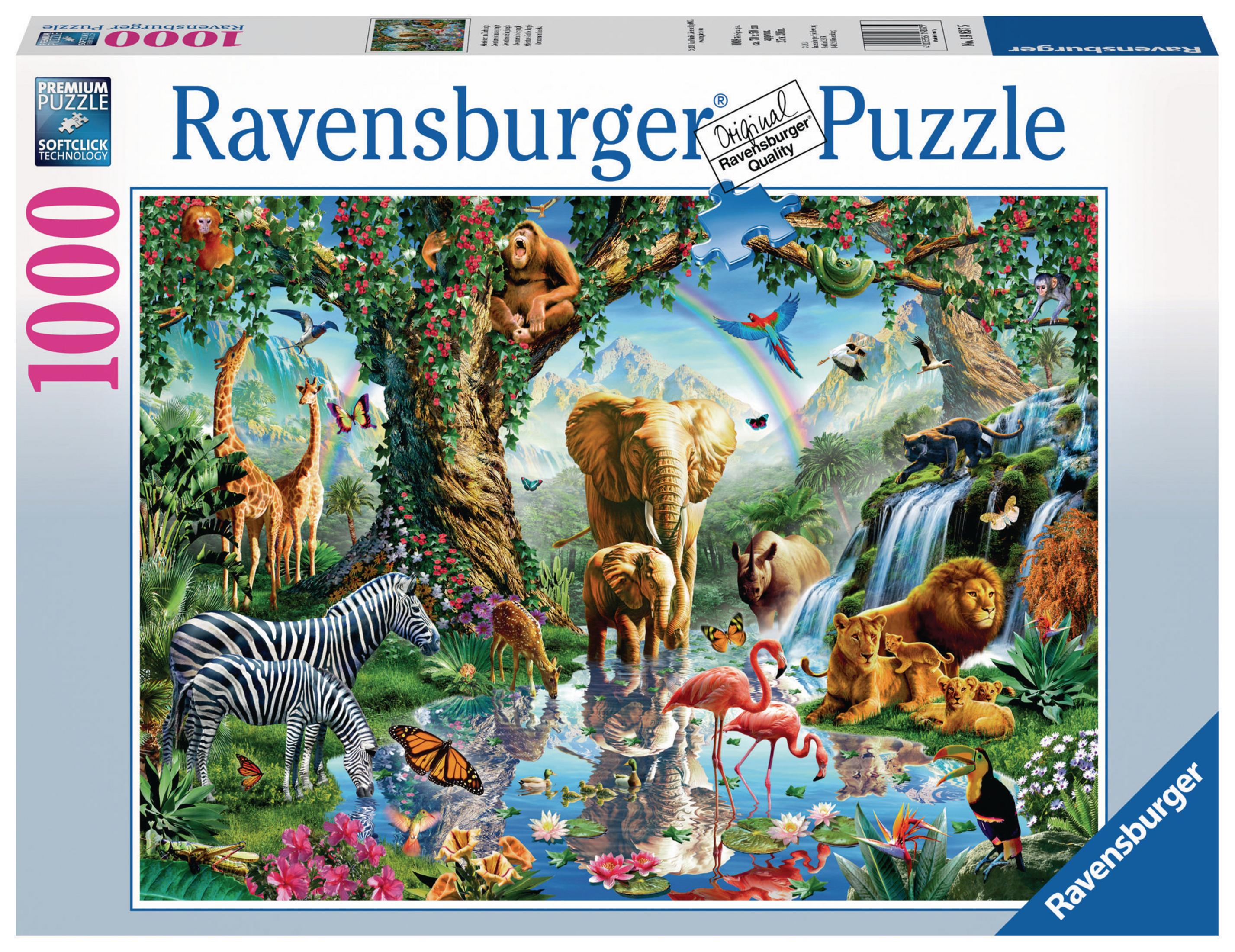 Puzzle Ravensburger da 1000 pezzi con una scena della giungla con molti animali.