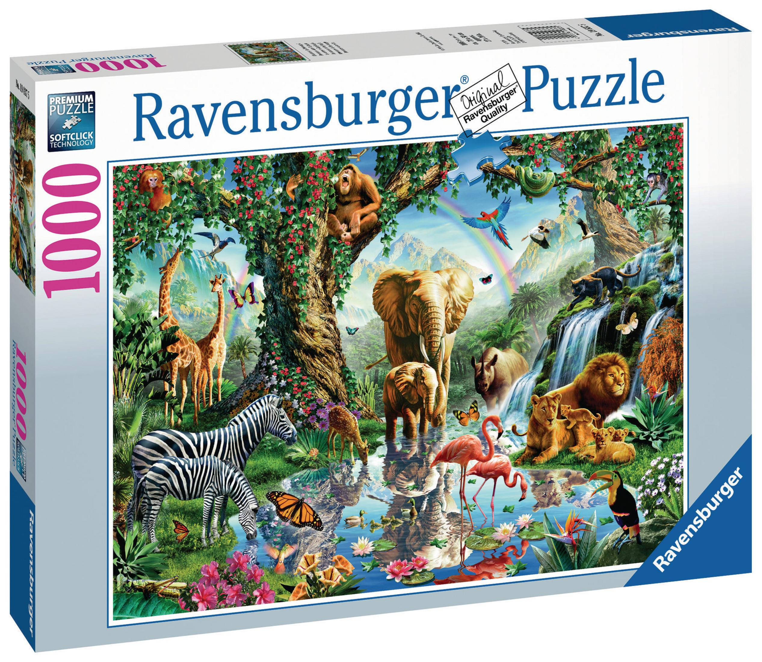 Una scatola di puzzle Ravensburger con una scena di animali. La scena presenta zebre, elefanti e una cascata.
