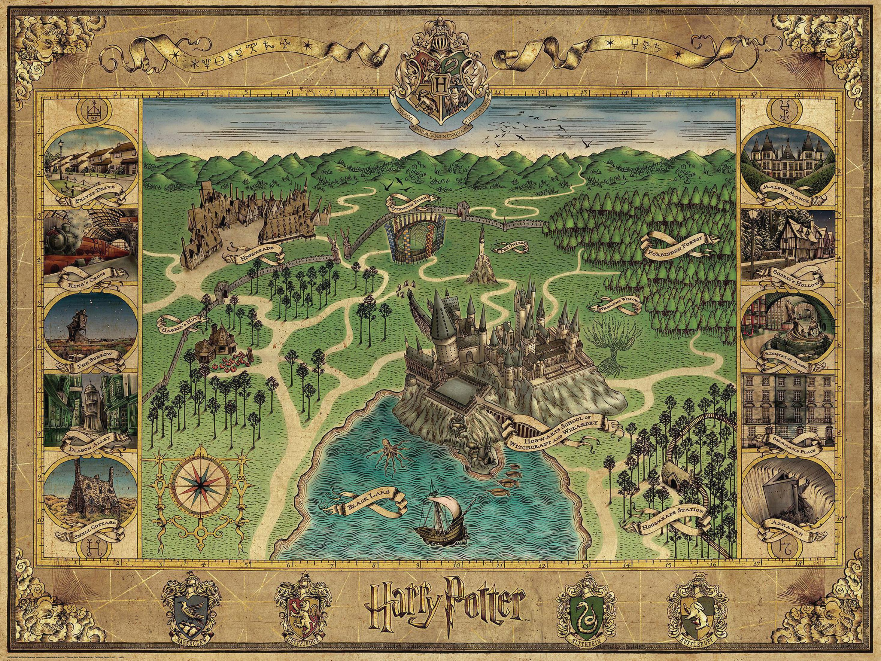 Mappa di un mondo immaginario, con castelli, foreste e acqua. Il titolo "Harry Potter" è in basso.