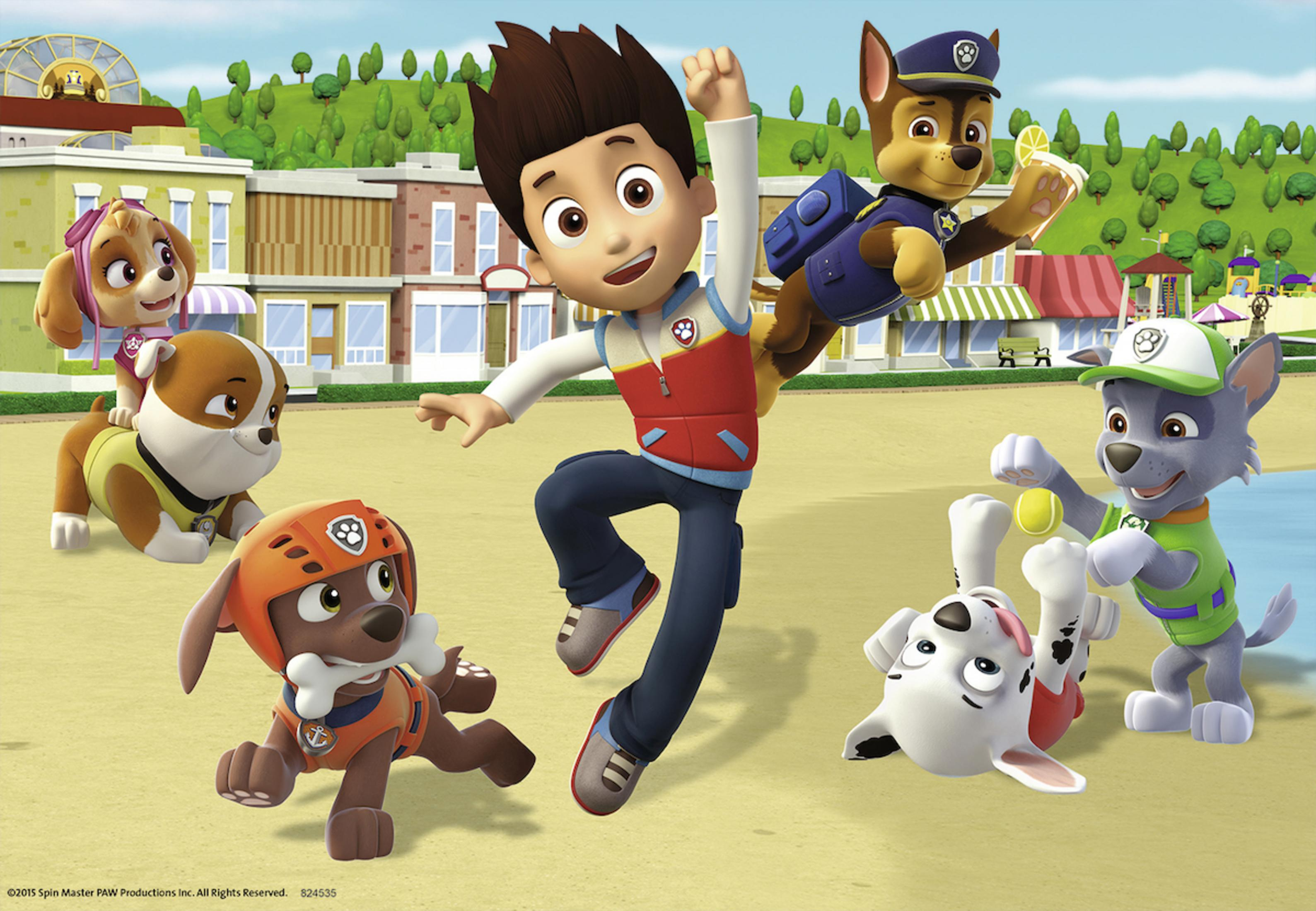 Postacie z kreskówki Paw Patrol w zabawnej scenerii.