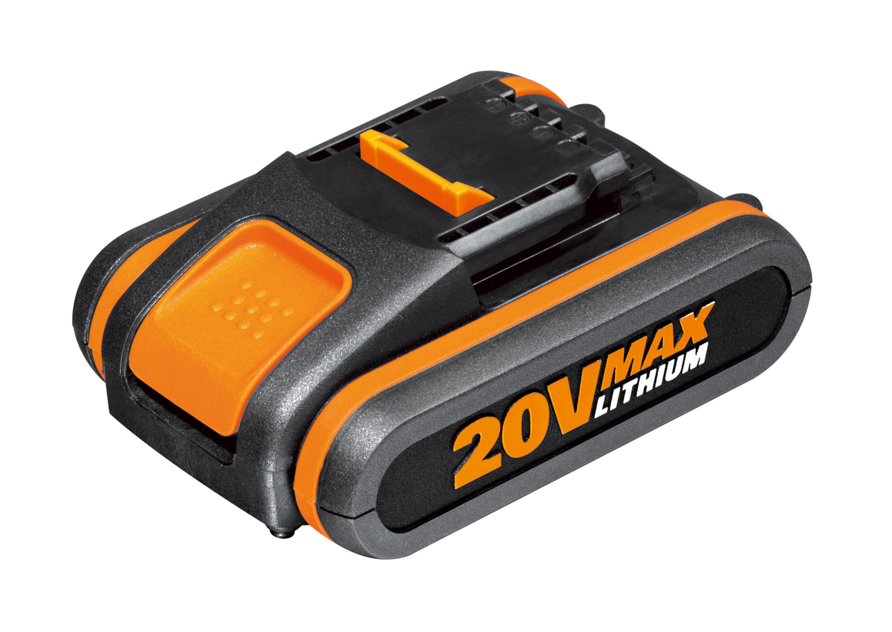 Schwarze und orangefarbene Worx 20V Max Lithium Batterie. Die Batterie hat ein Schwarz-Orange-Farbschema.