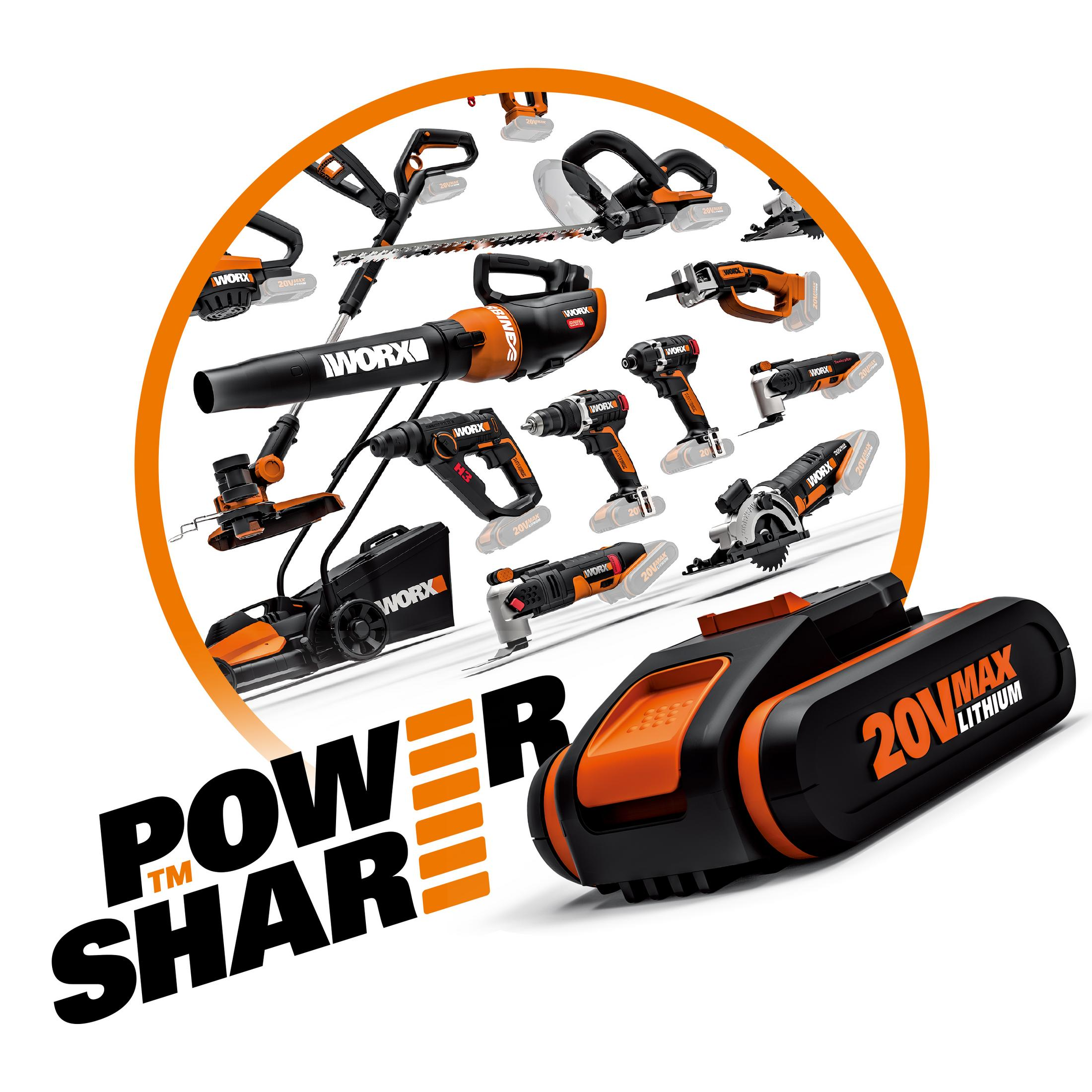 Sortiment an WORX Elektrowerkzeugen und einem 20V MAX Lithium-Akku auf weißem Hintergrund.