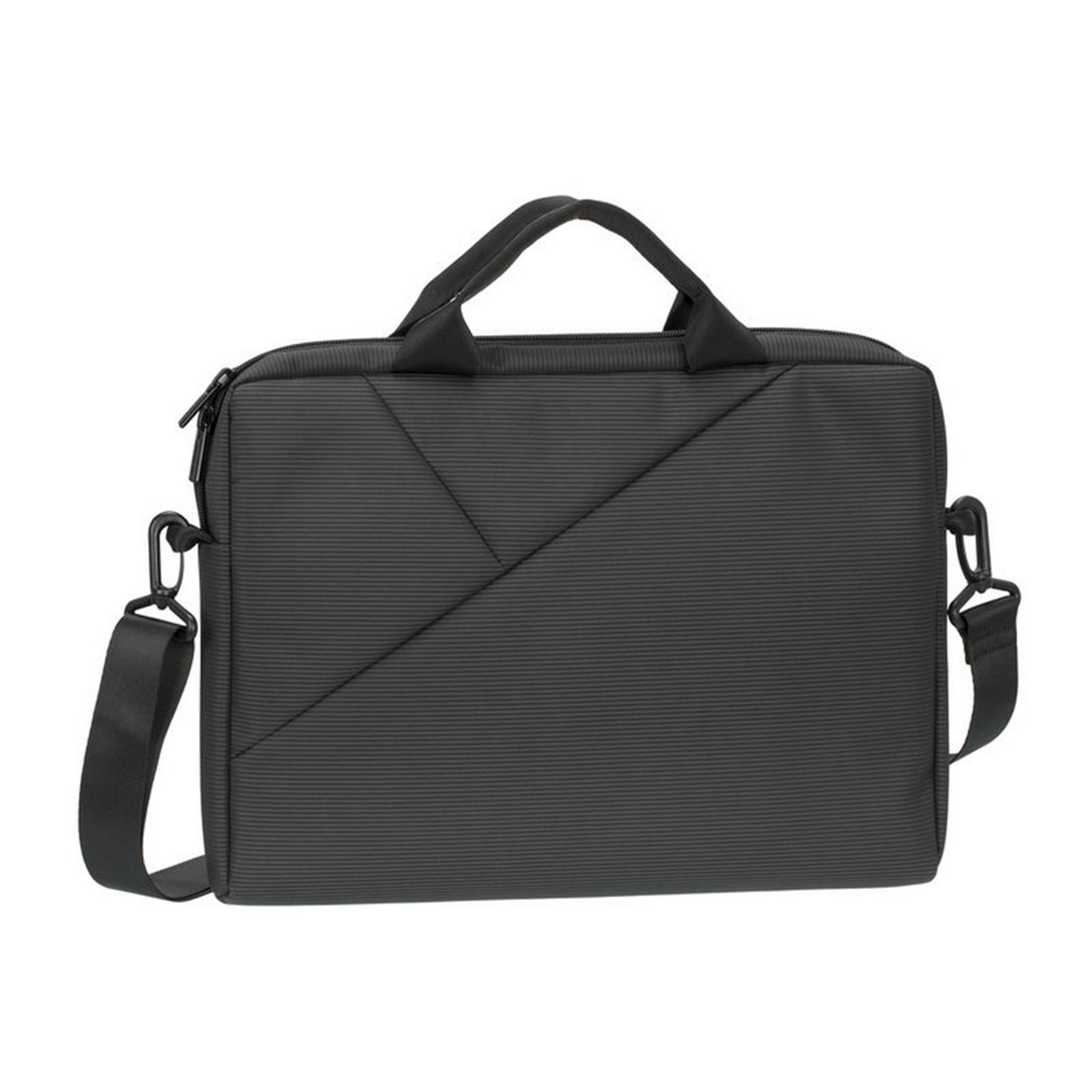 Schwarze Laptoptasche mit Schultergurt und Griffen.