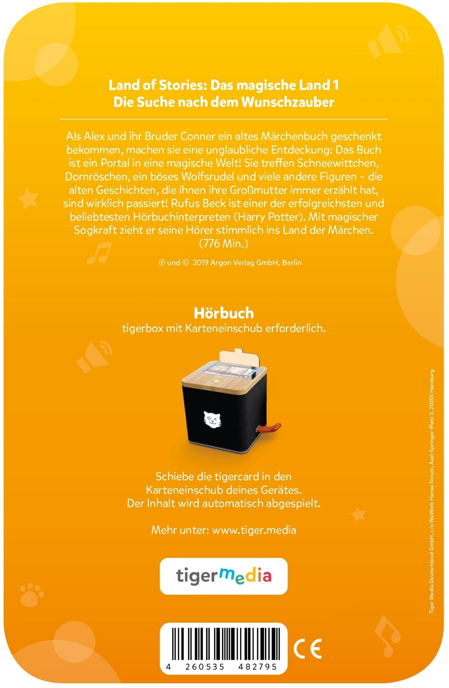 Eine Produktverpackung mit Text und einem Spielzeug-Audioplayer, mit einem bunten Hintergrund.