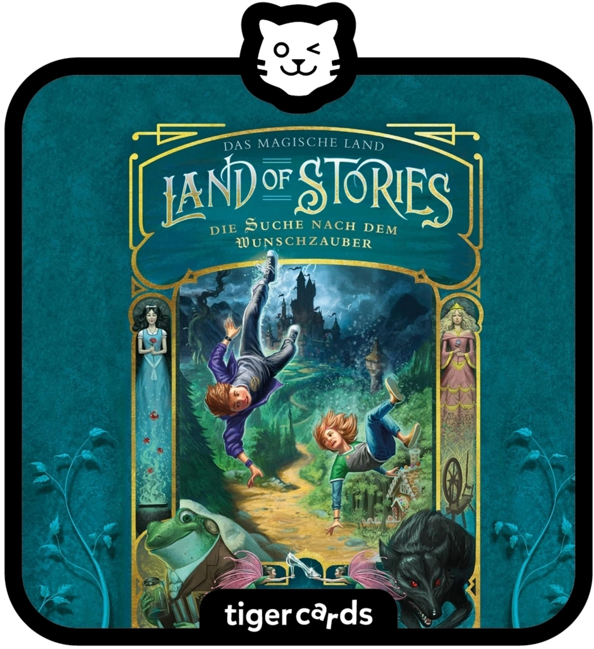 Buchcover: 'Land of Stories' mit Illustration von stürzenden Kindern, Burg und Wolf.