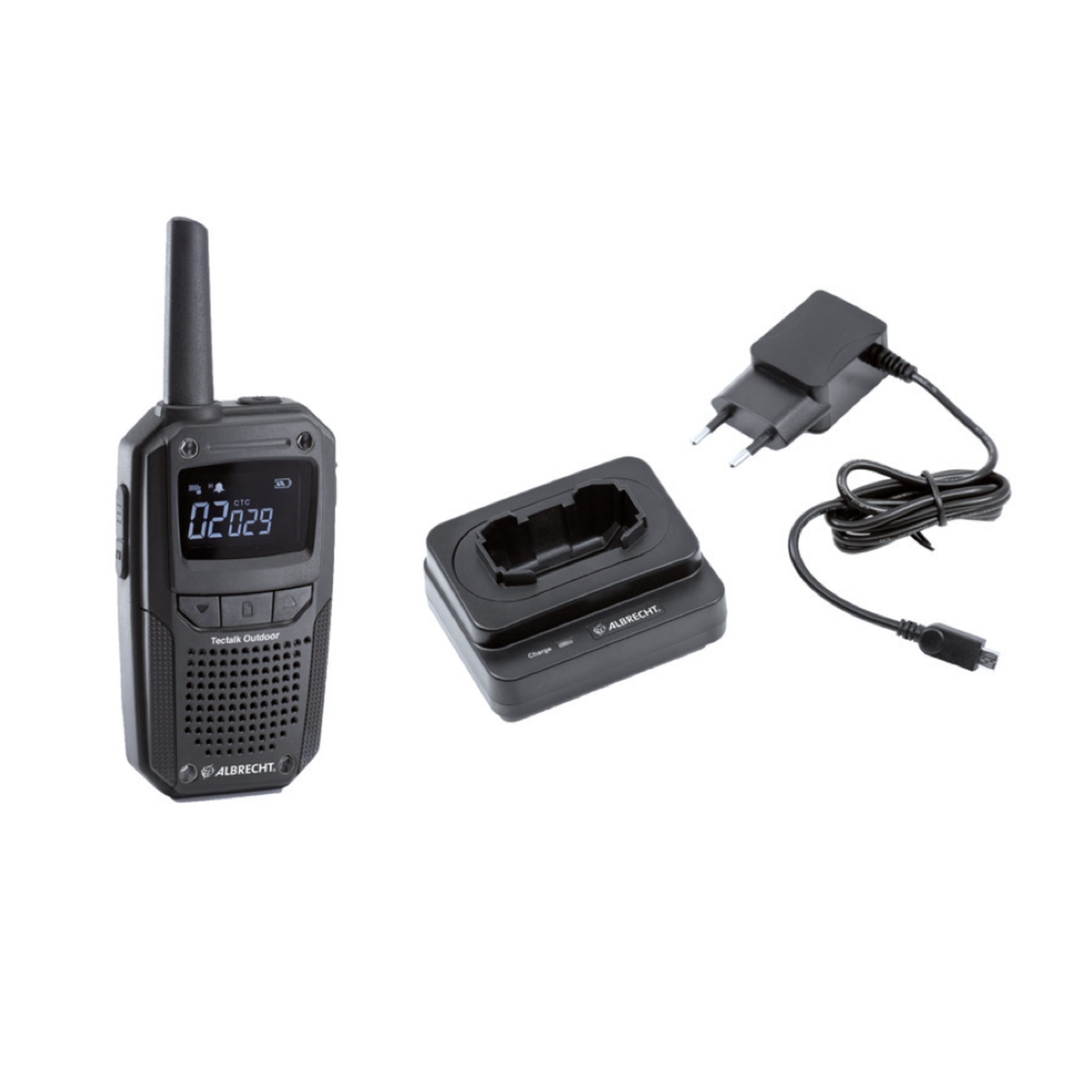 Schwarzes Walkie-Talkie mit Ladestation und Adapter. Isoliert auf weißem Hintergrund.