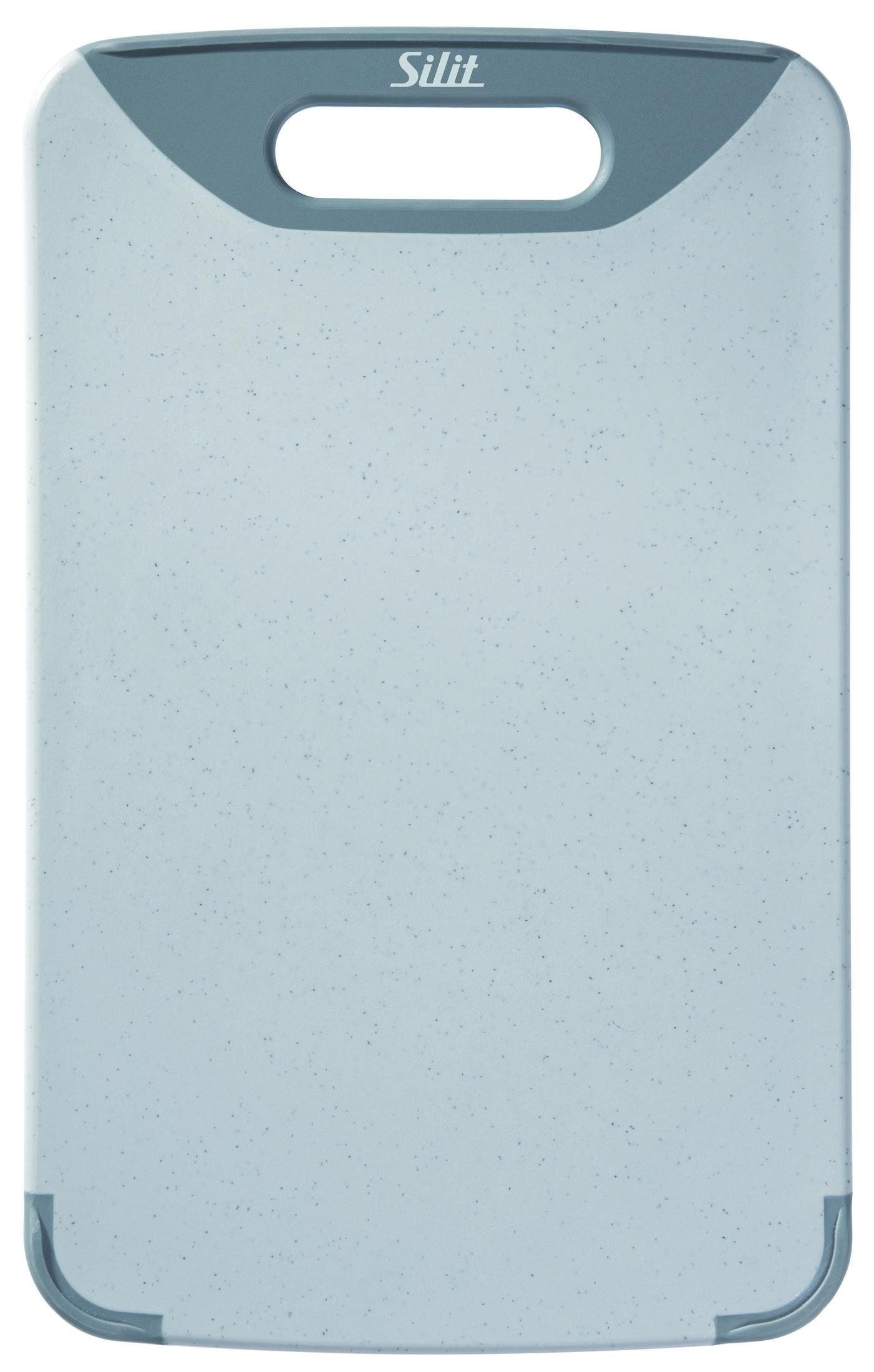 Ein hellblaues Schneidebrett mit grauem Griff und grauen Ecken wird gezeigt.