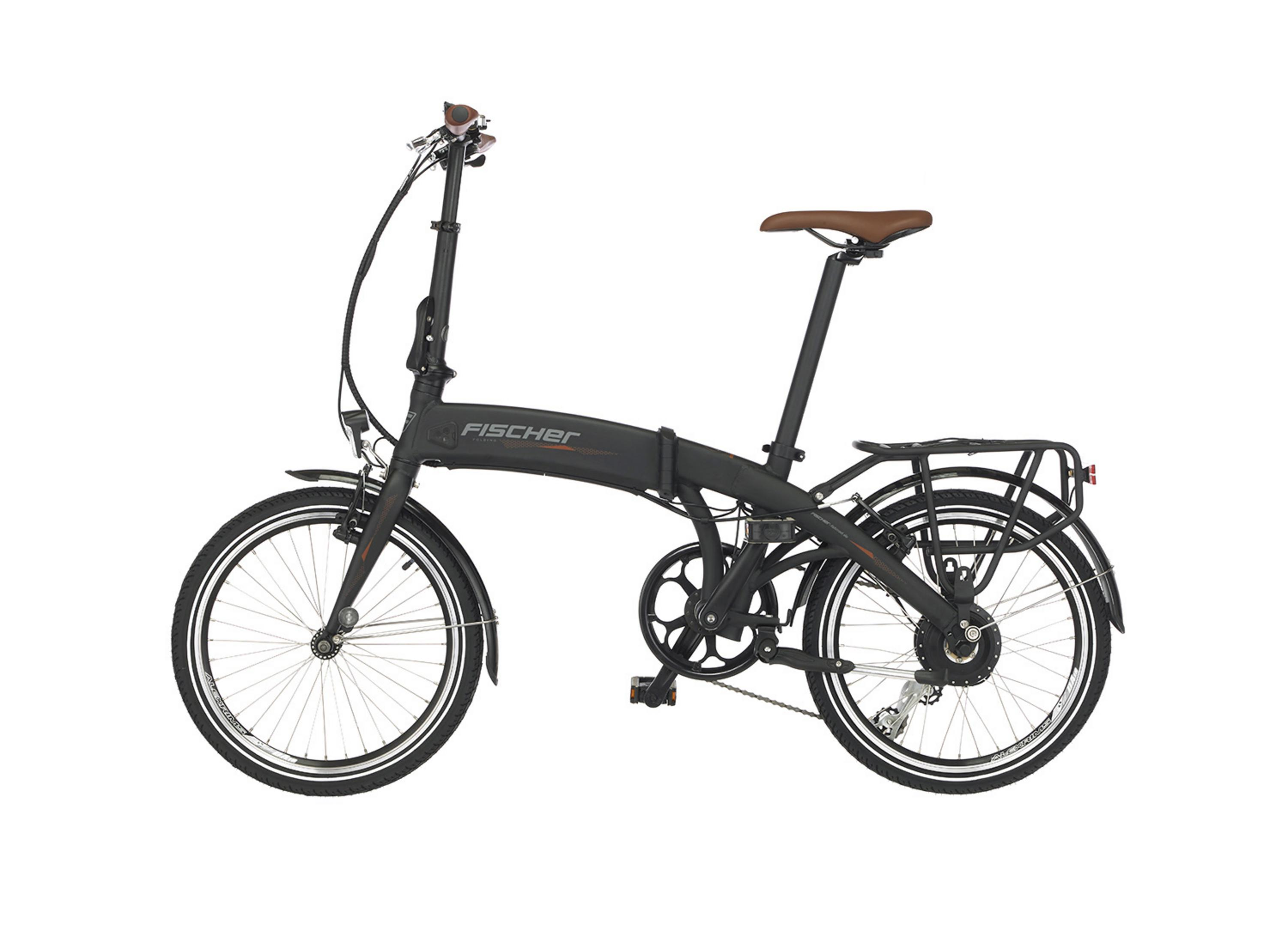 Złożony czarny rower z brązowym siodełkiem i białymi oponami na białym tle.