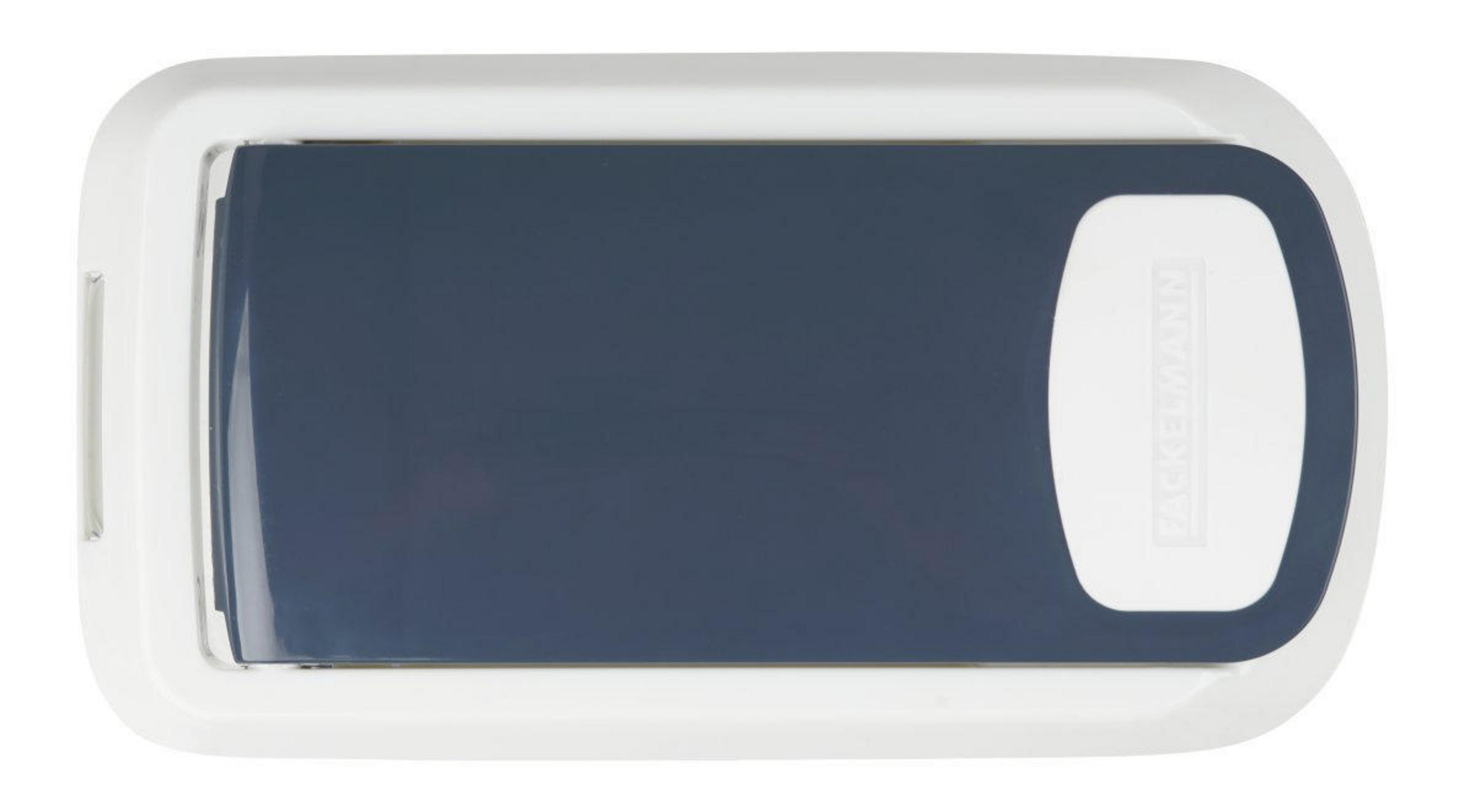 Ein weißer und marineblauer Mülleimerdeckel, Draufsicht. Der Deckel hat eine rechteckige Form mit abgerundeten Ecken.
