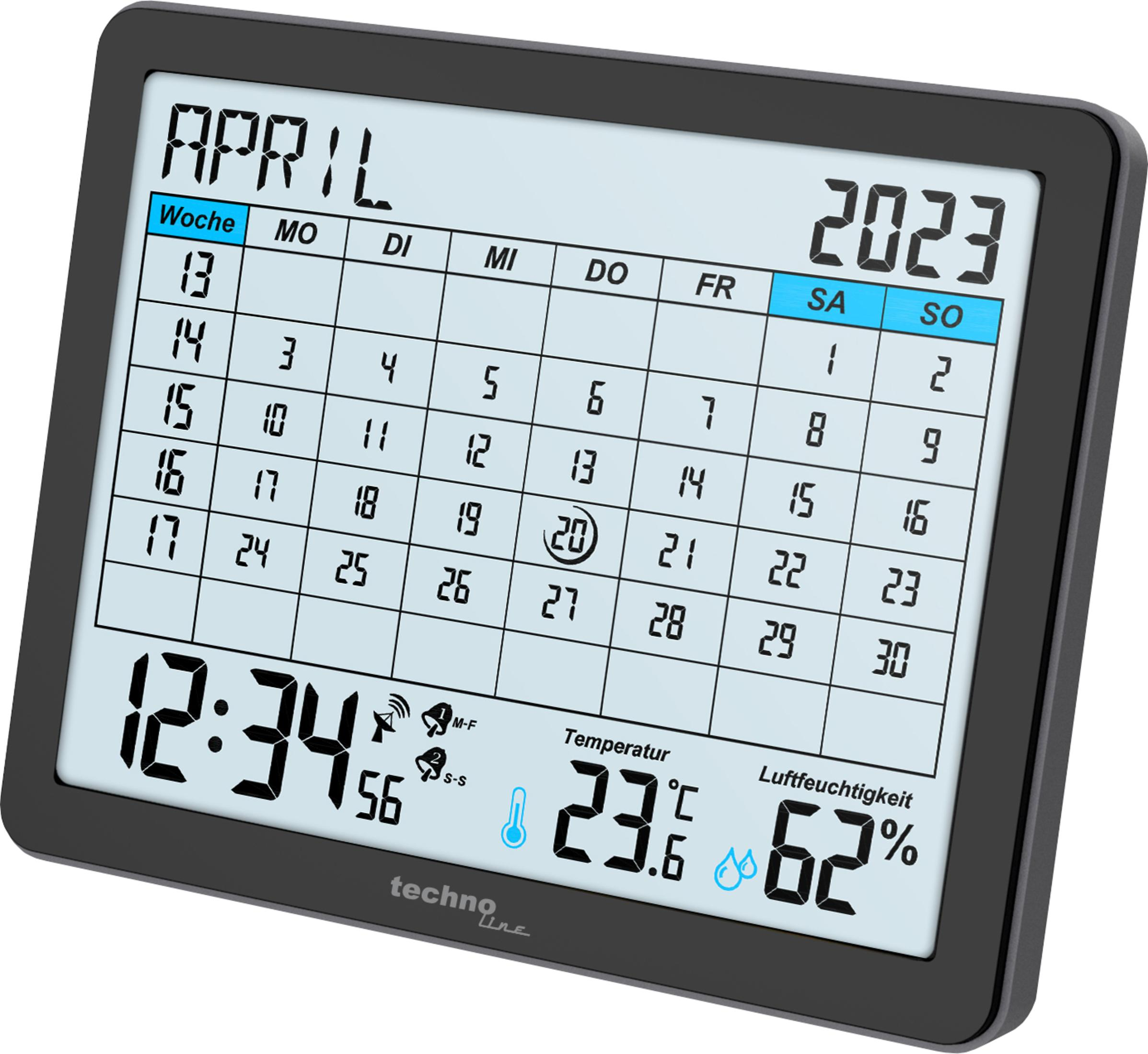 Calendario digitale che mostra aprile 2023, con ora e temperatura.