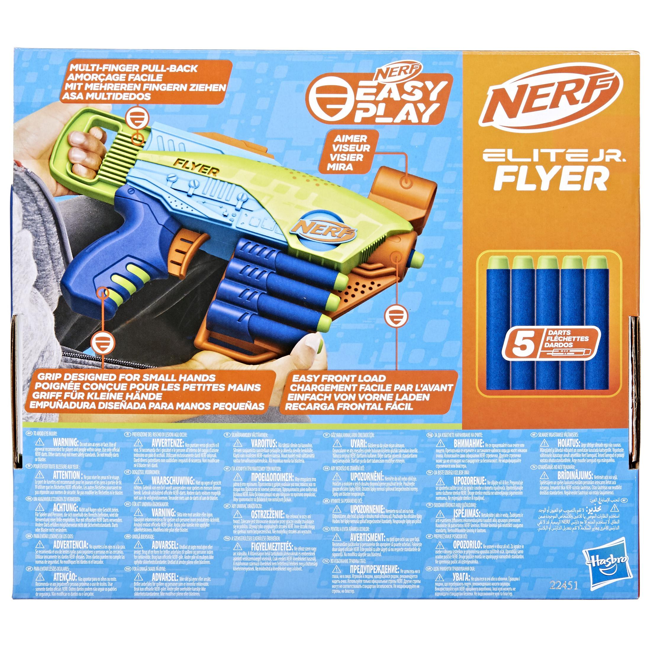 Eine Spielzeugpistolenbox mit einer Nerf-Pistole und Darts.