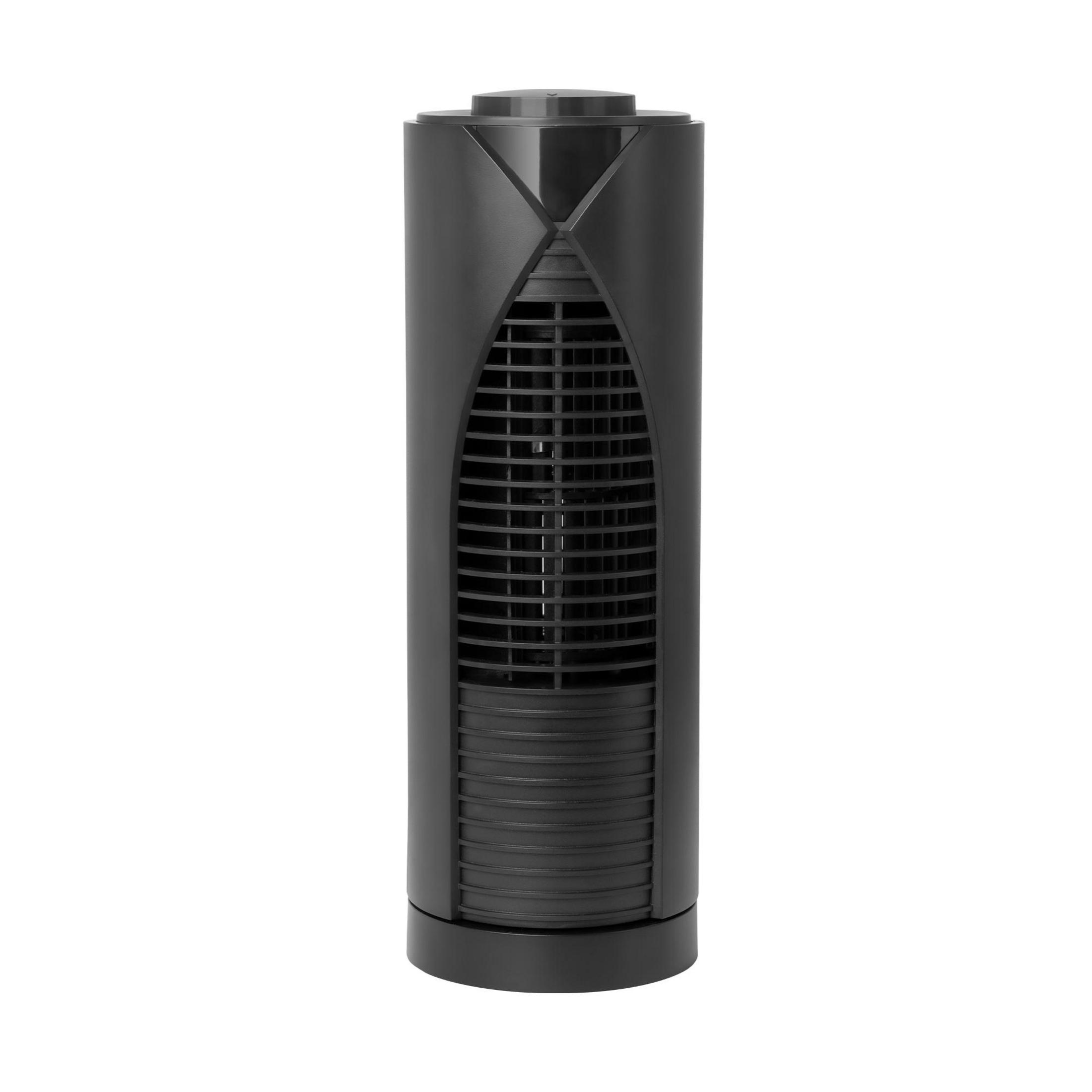 Schwarzer, turmförmiger Ventilator mit vertikalen Lüftungsschlitzen und rundem Sockel.