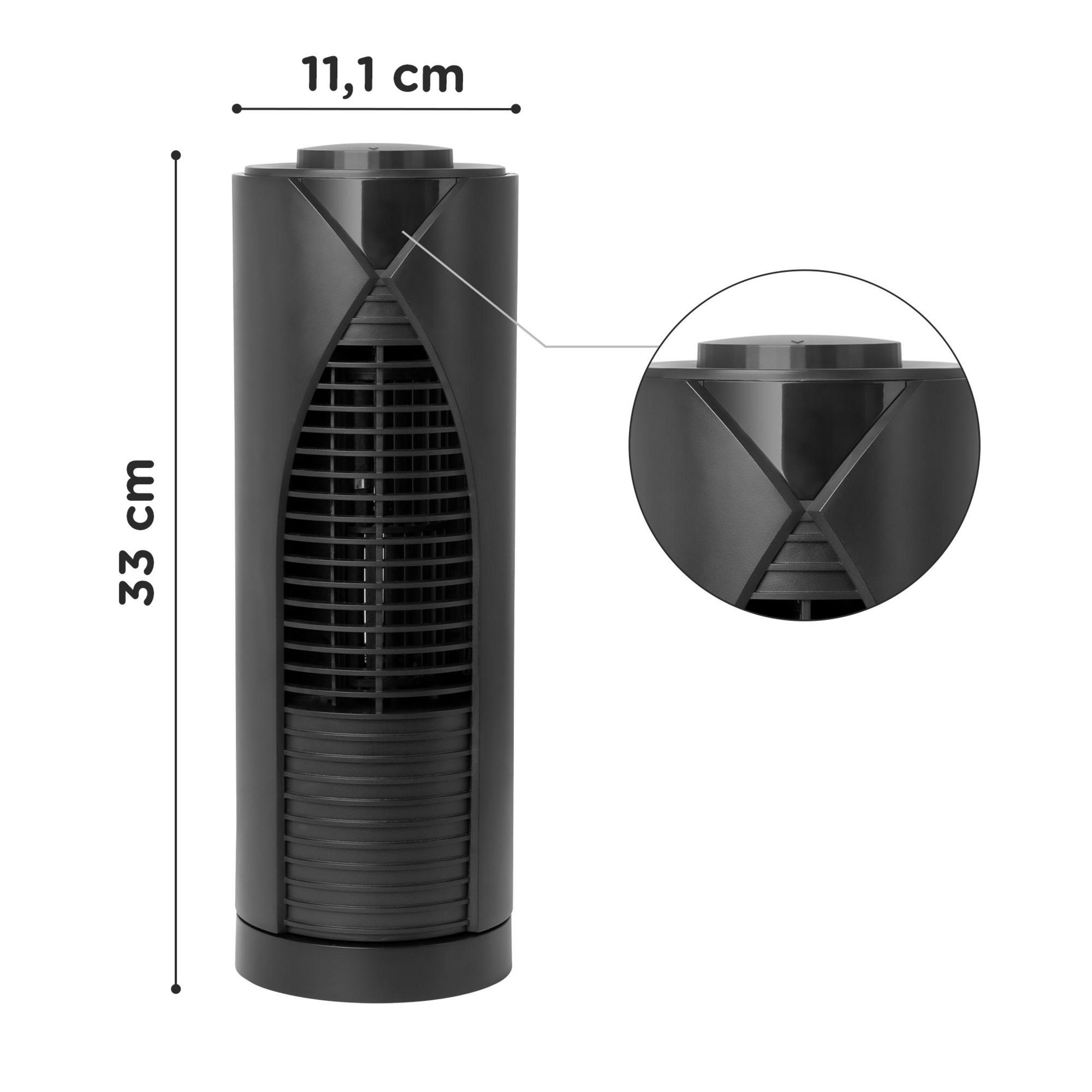 Schwarzer Ventilator, Maße 11,1 cm x 33 cm, mit Detailaufnahme.