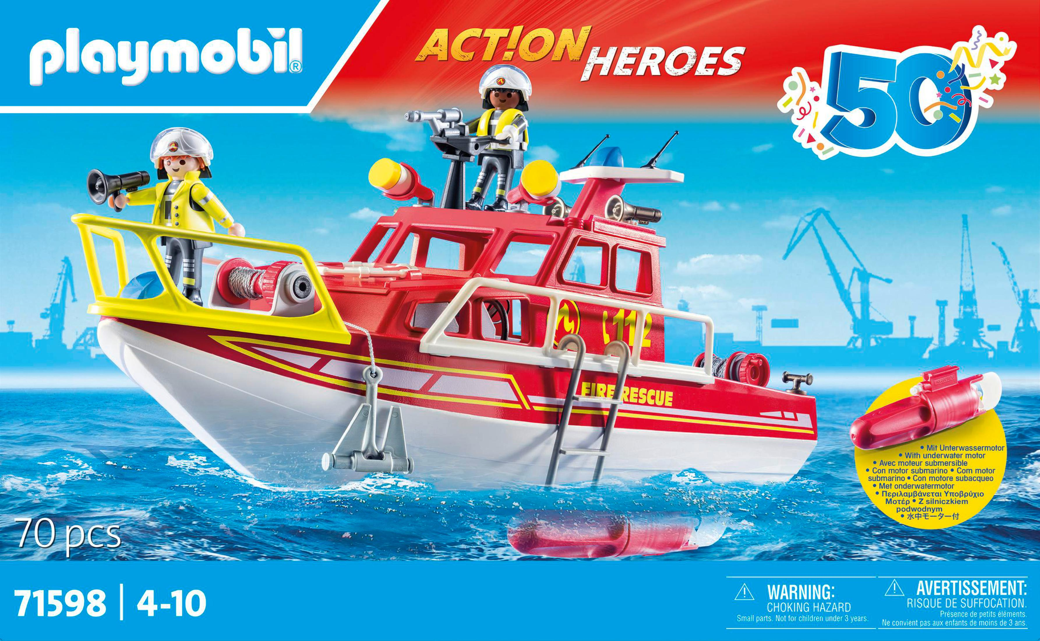 Playmobil-Feuerwehr-Spielset mit einem rot-weißen Boot und Figuren.