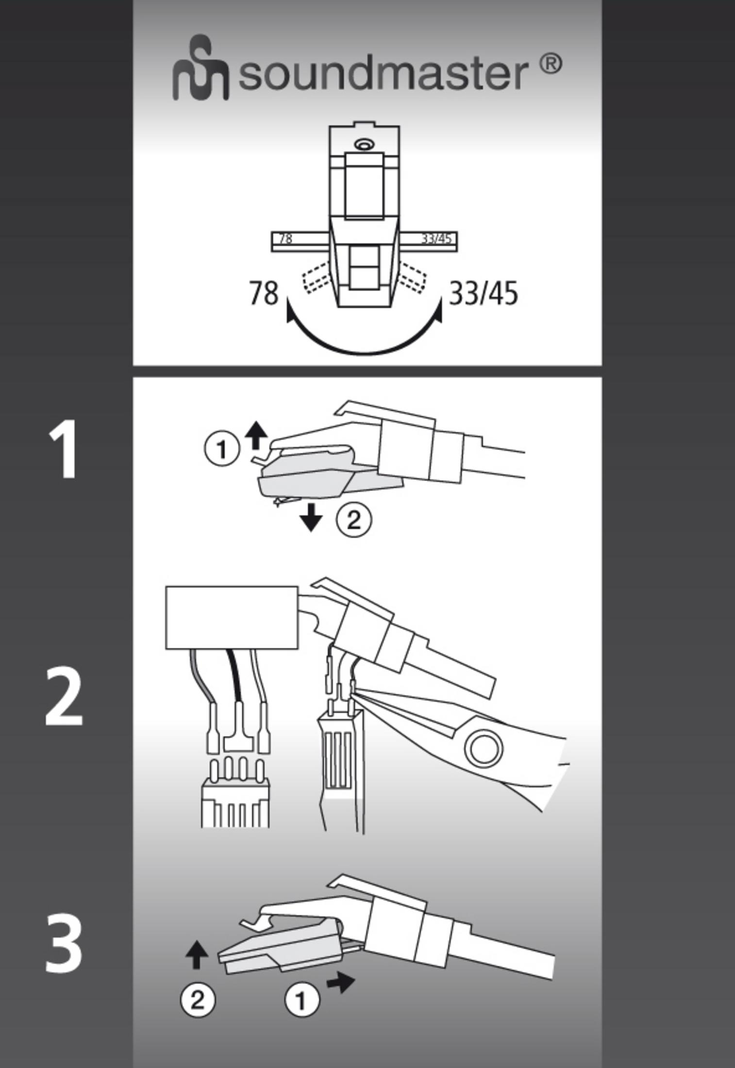 Anweisungen für einen soundmaster Nadelersatz mit Diagrammen.