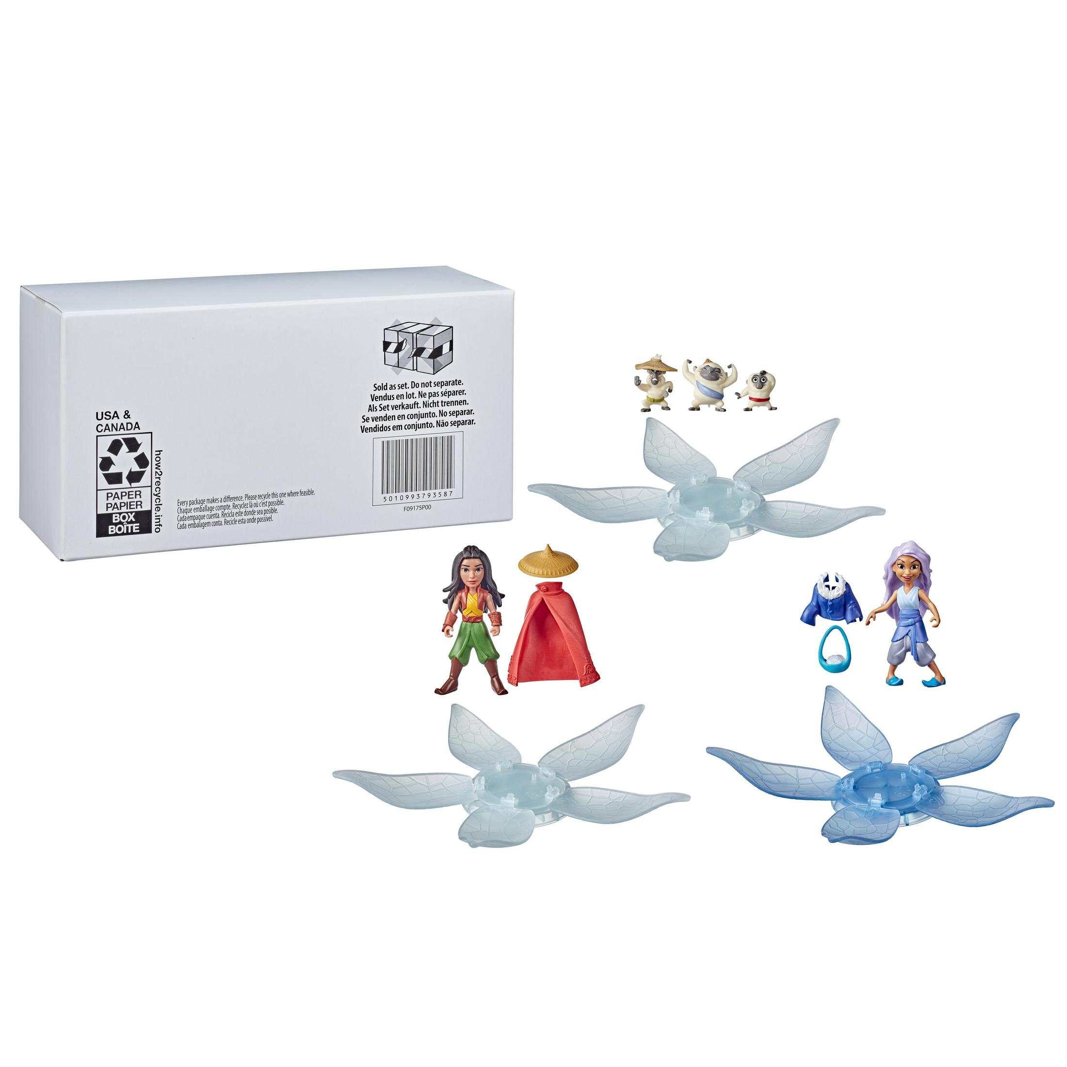 Box mit Raya und dem letzten Drachen Spielzeug, einschließlich Figuren und blumenförmigen Dekorationen.